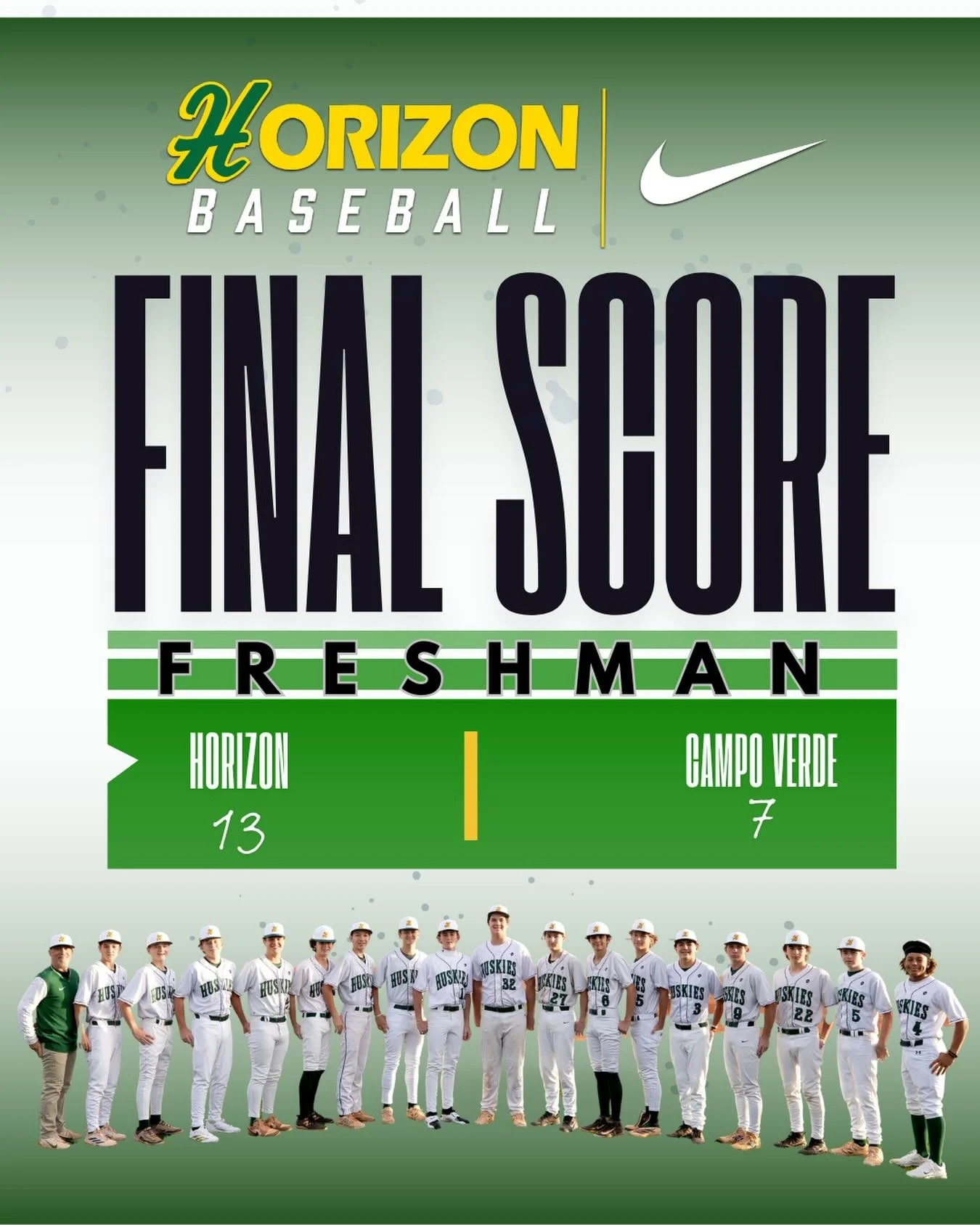Braden Grimm drove in six runs on two hits to lead Horizon Freshman Huskies past Campo Verde Freshman Coyotes 13-7 on Friday at Campo Verde High School. Grimm doubled in the fifth inning, scoring three runs, and doubled in the second inning, scoring 