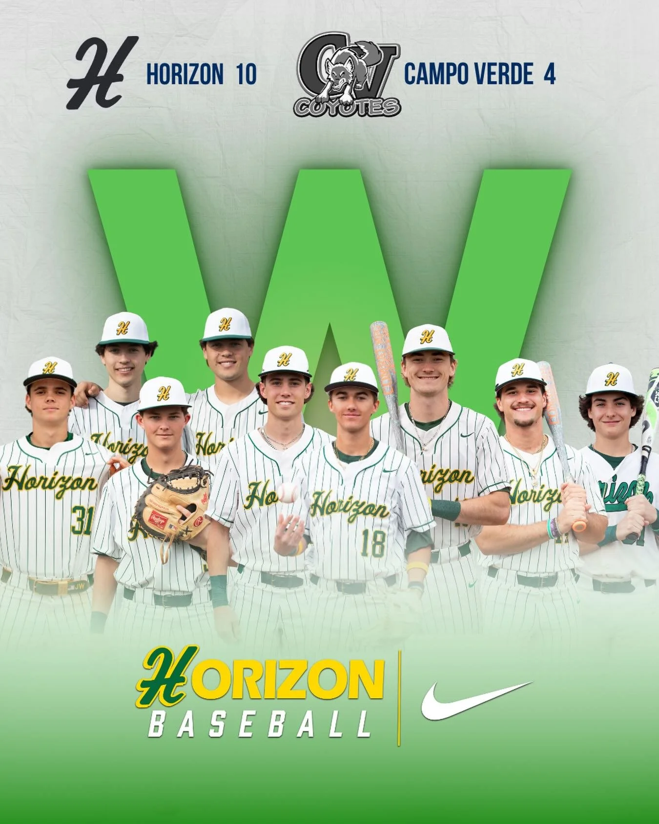 Horizon Varsity Huskies defeated Campo Verde Varsity Coyotes 10-4 on Friday at Horizon High School thanks in part to nine runs in the first inning.  Hunter Walker drew a walk, scoring one run, Ryan Tomey drew a walk, scoring one run, Johnny Issitt dr