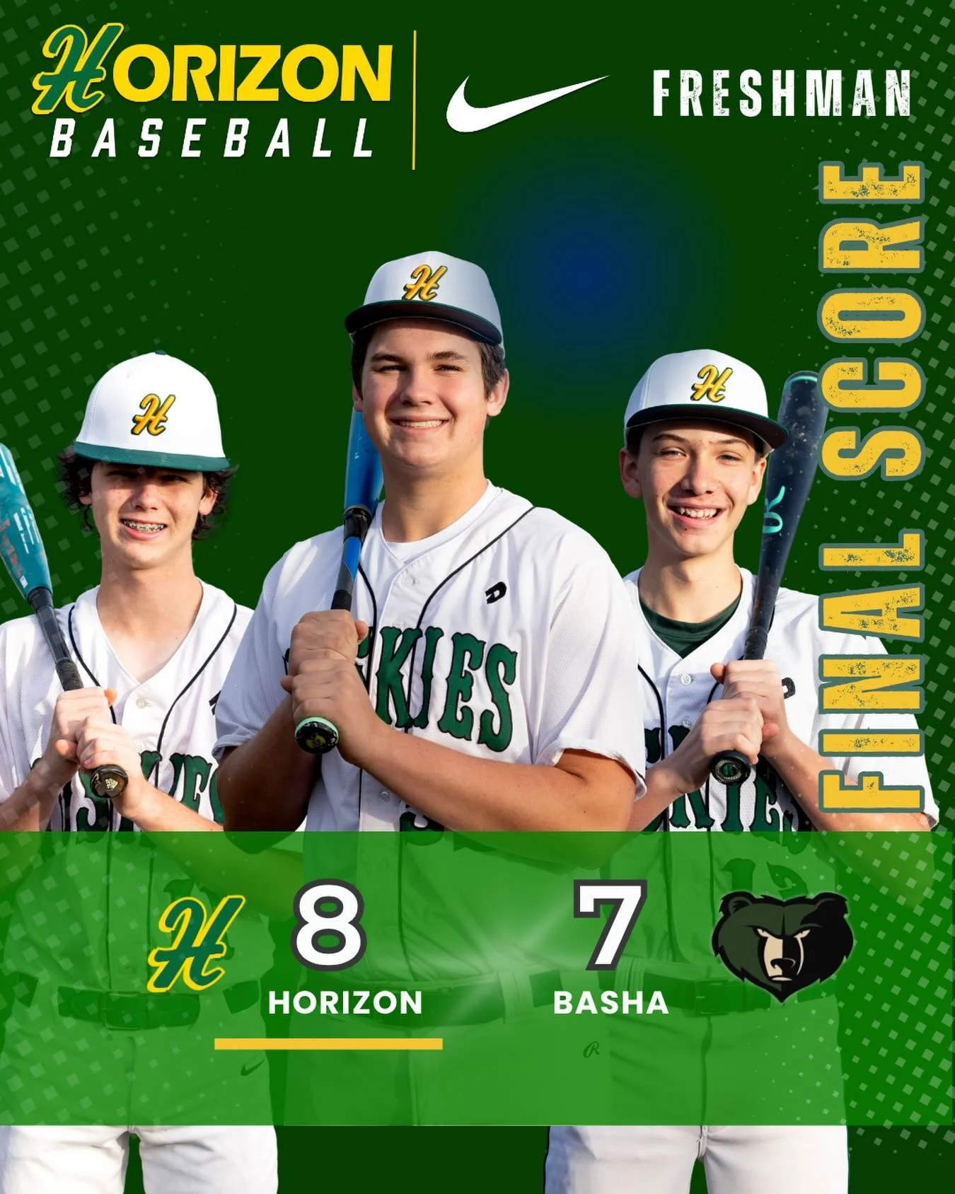 It came down to the wire on Monday at Horizon High School, as Horizon Freshman Huskies grabbed the victory in walk-off fashion, 8-7, over Basha Freshman Bears. Horizon Freshman Huskies were down 7-6 in the bottom of the seventh inning when Parker Hoz