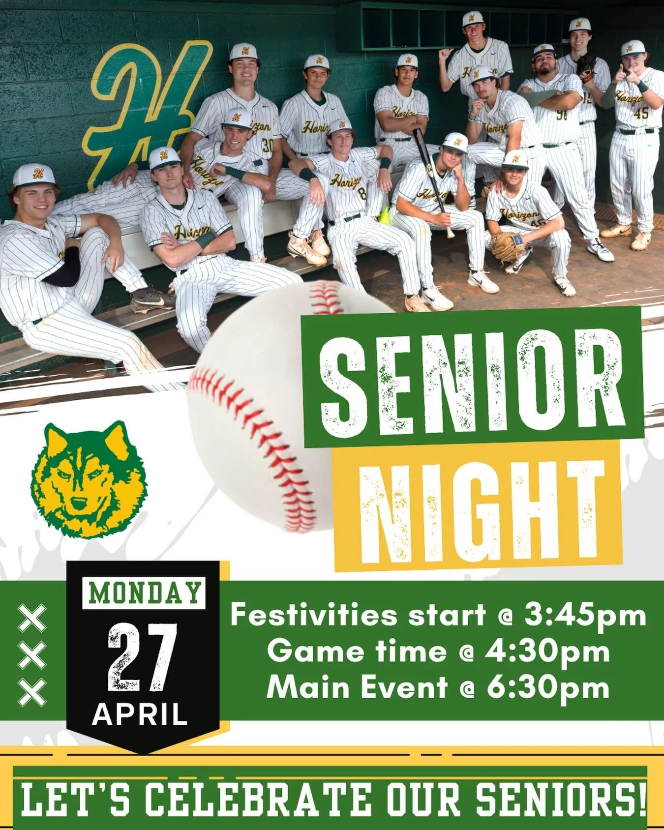 Husky Nation, join us on Monday April 27th in our final regular season home game to Celebrate our Class of 2026 Horizon Baseball Seniors! Please arrive early as there will be a district track meet at the time, so parking will be tight&hellip; gametim