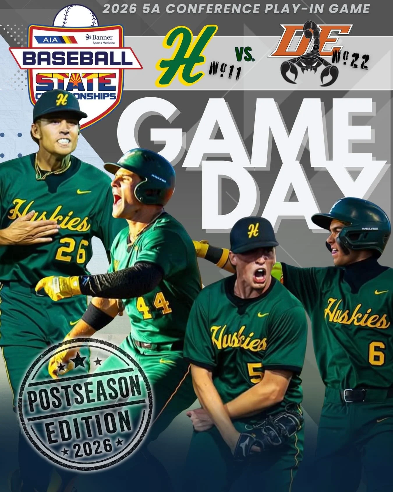 Good morning Husky Nation! Today starts the AIA State Tournament Play in game with your Huskys vs The Desert Edge Scorpions. Be sure to come cheer on your Huskys as its win  or go home to get to round 2! Go get em boys! 💪💪🔥🔥