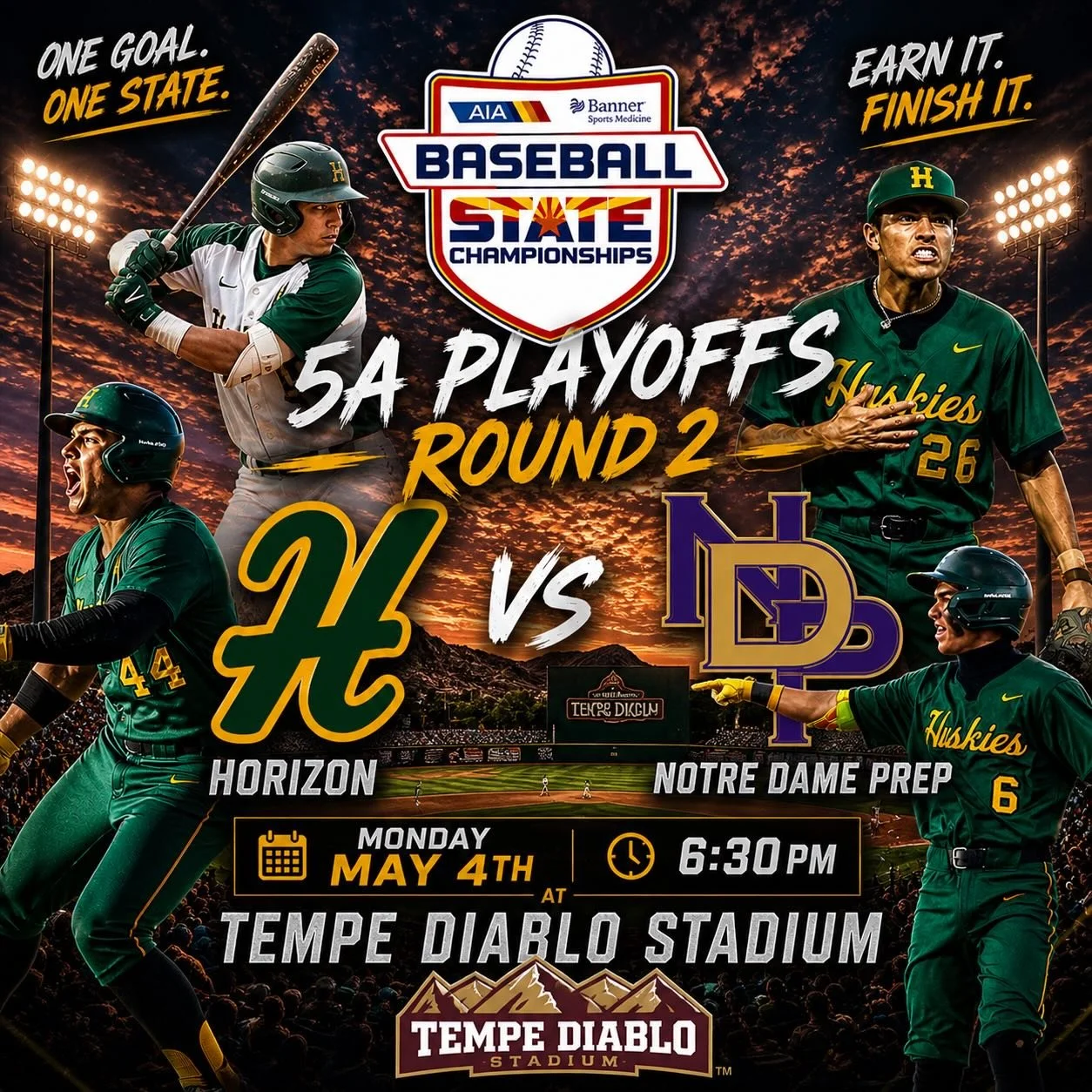 AIA State Baseball Playoffs - Round 2 is set! Horizon vs Notre Dame Prep at Tempe Diablo Stadium, Monday, May 4th&hellip; 6:30pm gametime! Lets gooooo! 👍