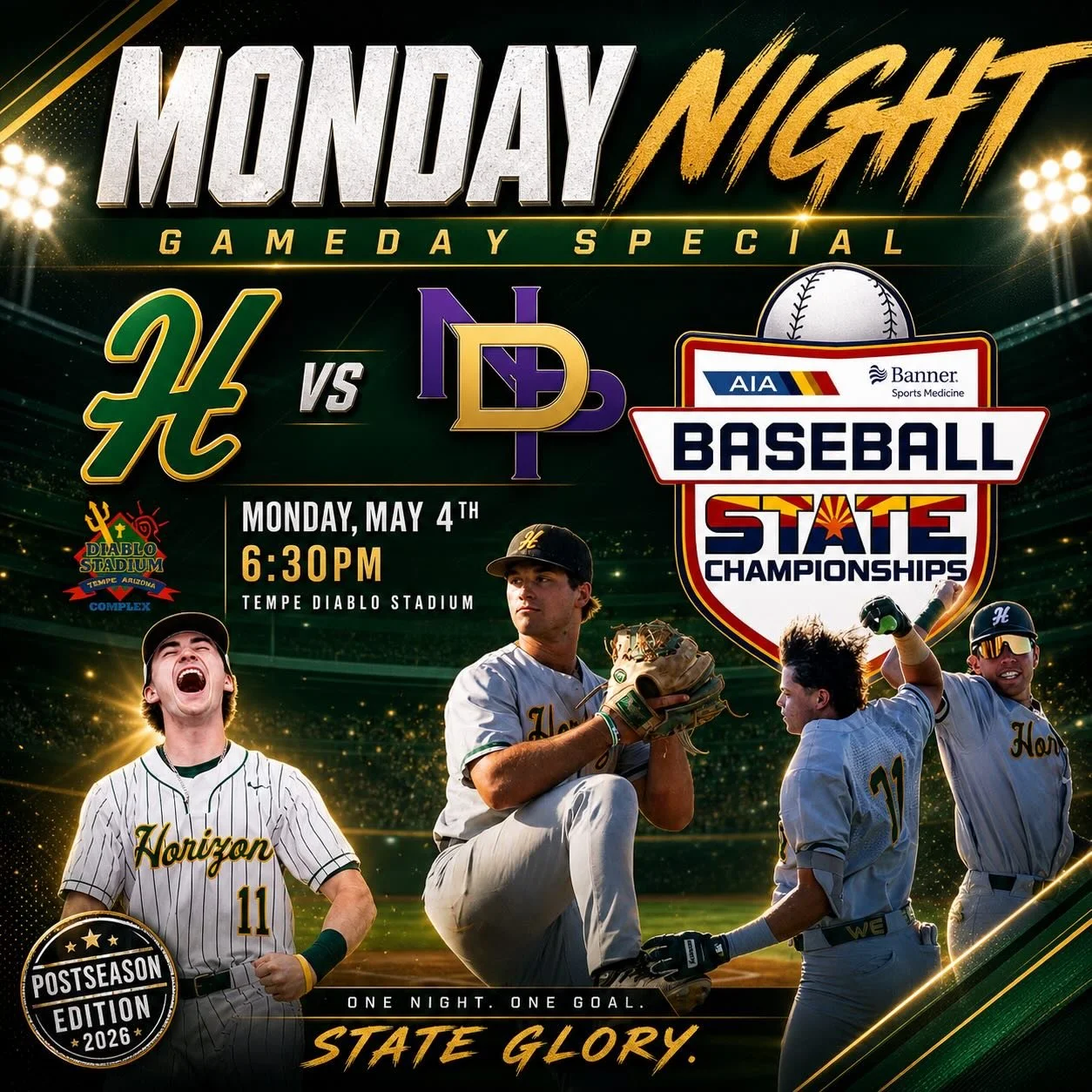 Husky Nation! Join us for Monday Night Madness as the Huskies face off against the NDP Saints in round 2 of the 5A Playoffs at 6:30pm at Tempe Diablo Stadium&hellip; Wear Green to support the Boys as we continue our Playoff Run 💪 Go Skies 🔥🔥