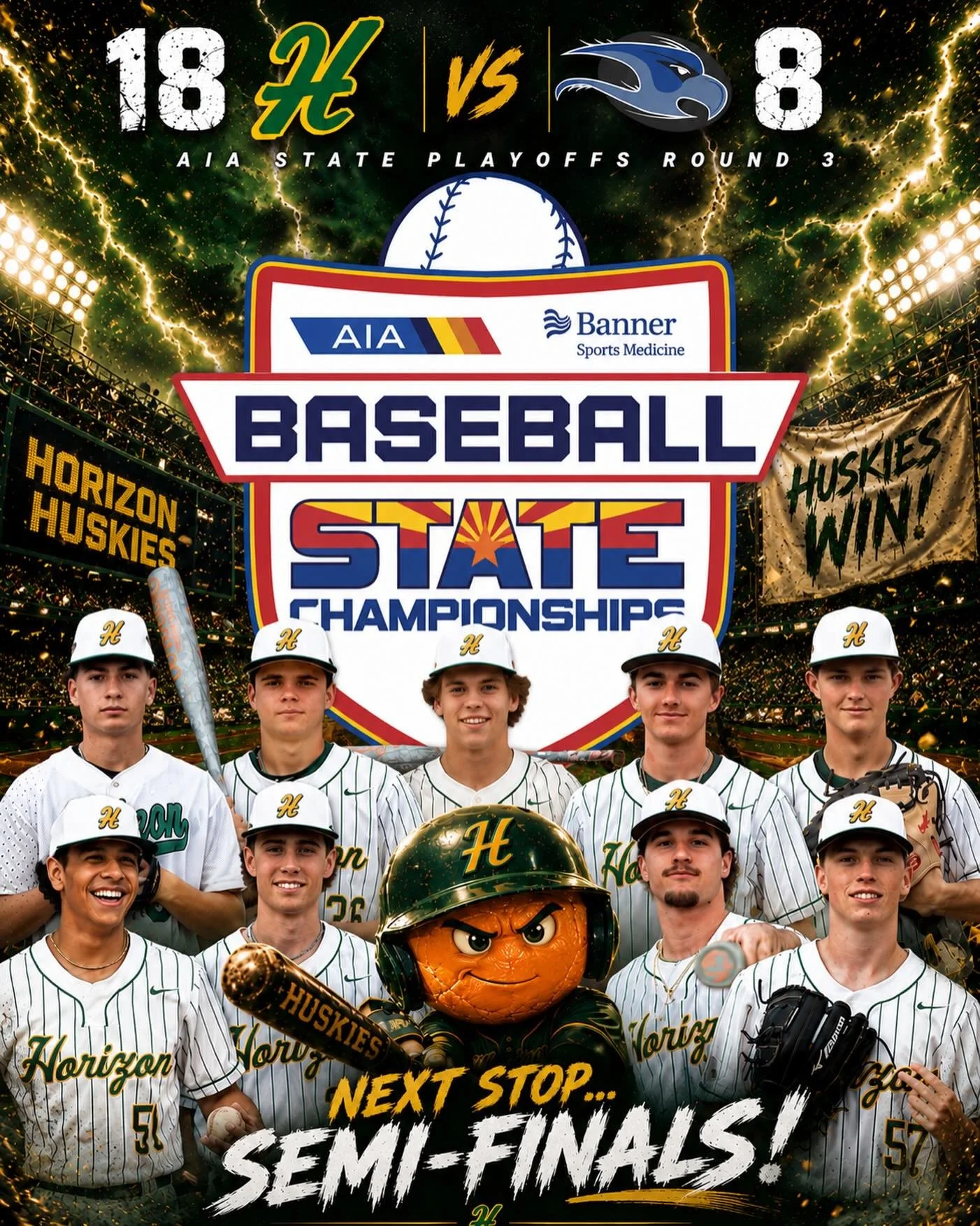 Jackson Weber drove in four runs on three hits to lead Horizon Varsity Huskies past Catalina Foothills Varsity Falcon 17-8 on Thursday at Diablo Stadium. Weber singled in the sixth inning, scoring two runs, and doubled in the first inning, scoring on