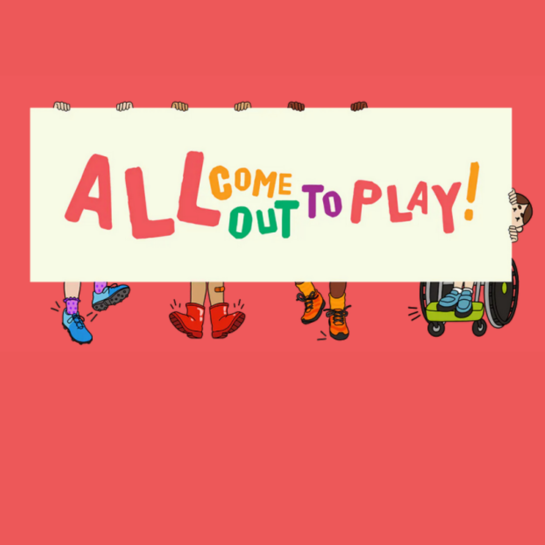 Children holding sign All Come Out To Play