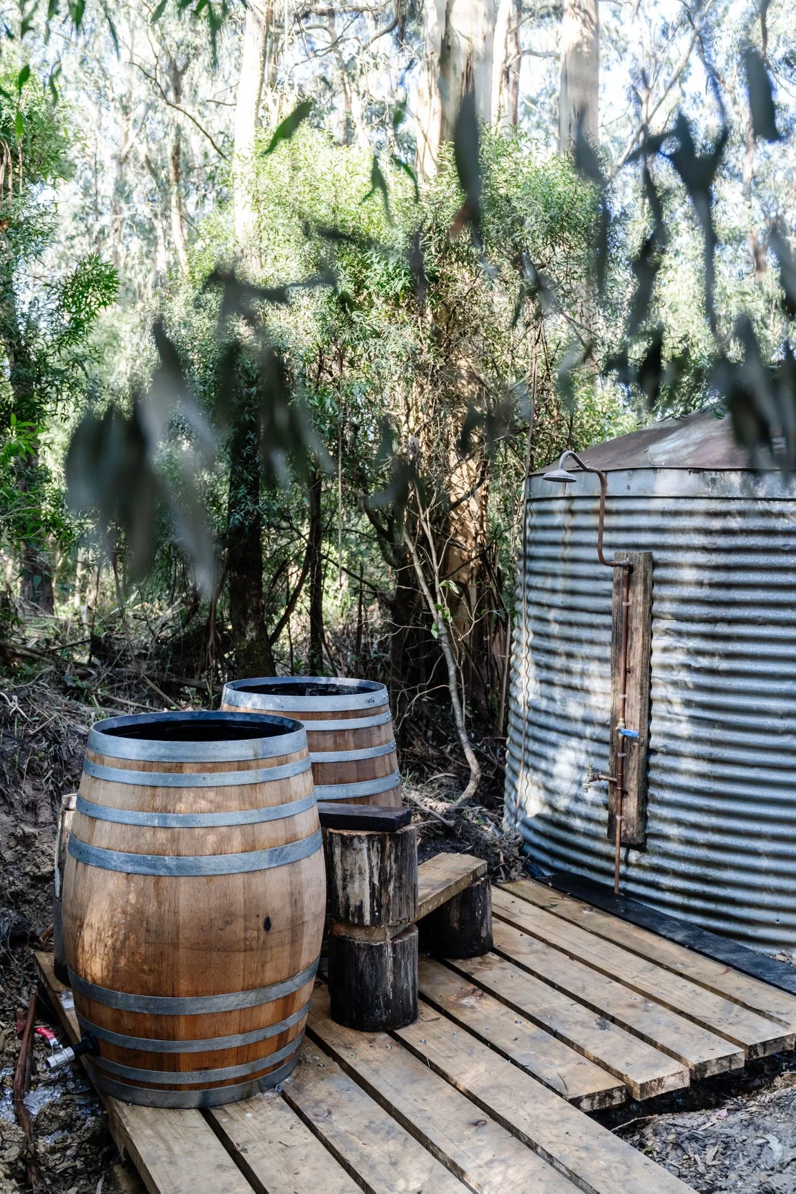 Outdoor scene with wooden barrels, rustic showerhead, and metal structure, surrounded by trees.