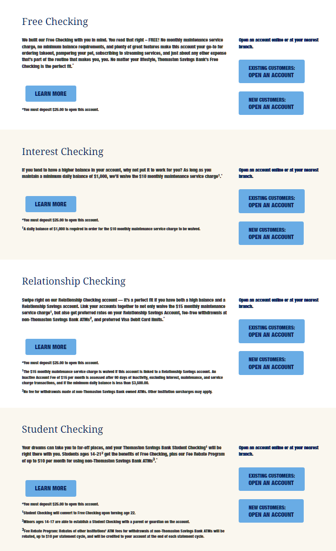 A webpage with information on different types of bank accounts at Thomaston Savings Bank, including Free Checking, Interest Checking, Relationship Checking, and Student Checking, with various call-to-action buttons for opening accounts and additional details.