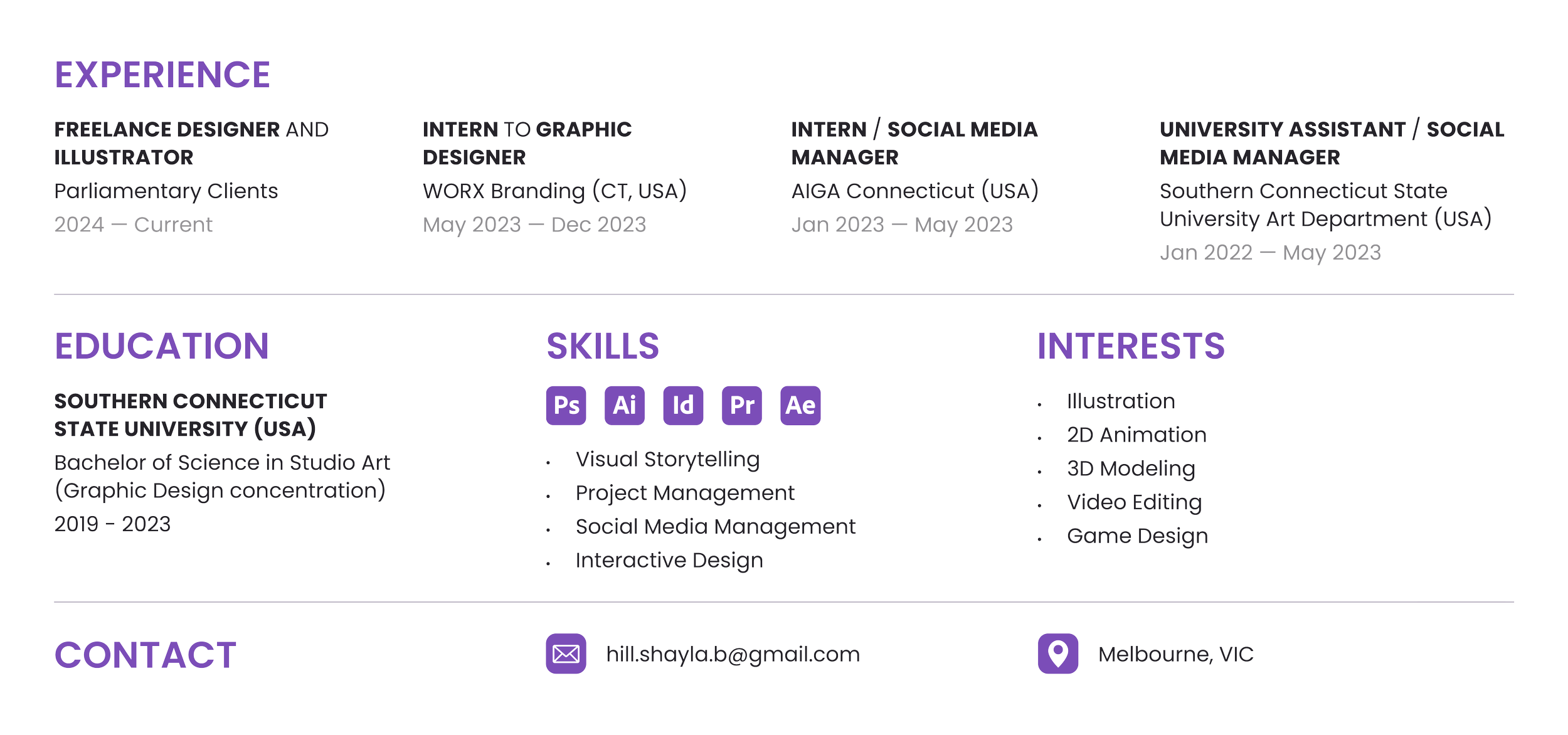 Listing out my work experience, education, skills, interests and contact information