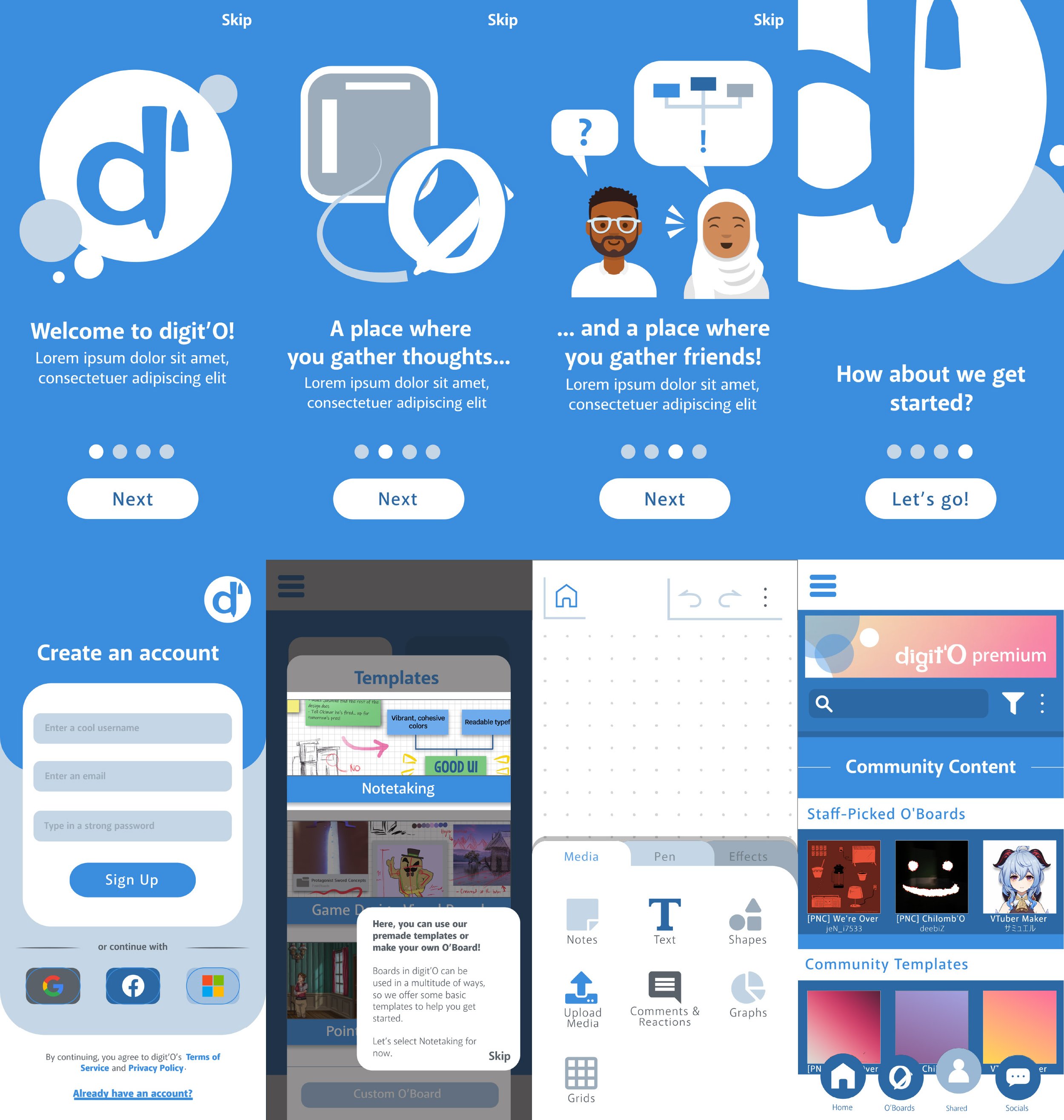 Screenshots of the digi't O app, showcasing onboarding steps, account creation, and app interface with various features like templates, media upload, notes, and community content.