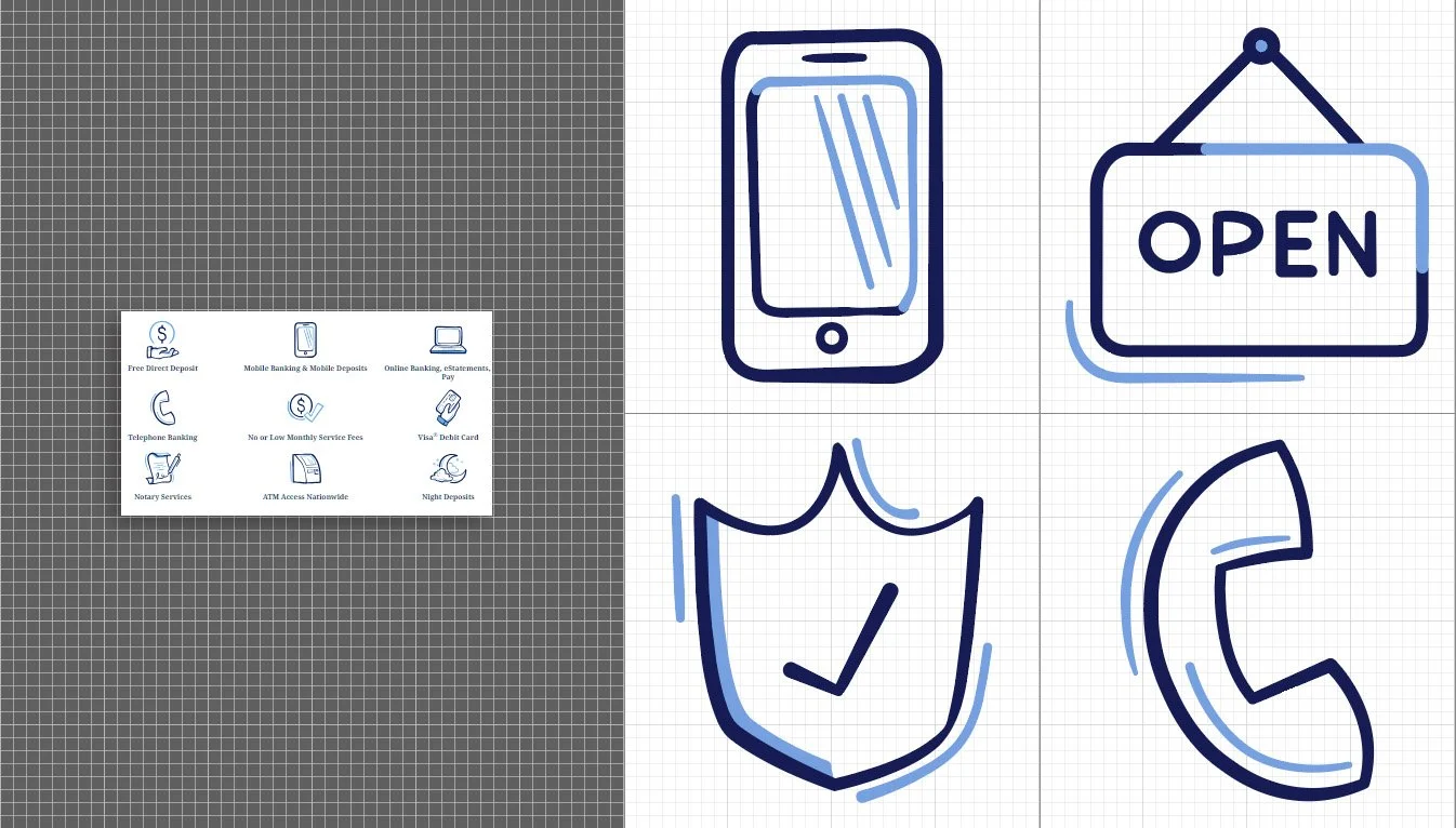 Set of four line drawing icons: a smartphone, an 'Open' sign, a shield with a check mark, and a telephone receiver.