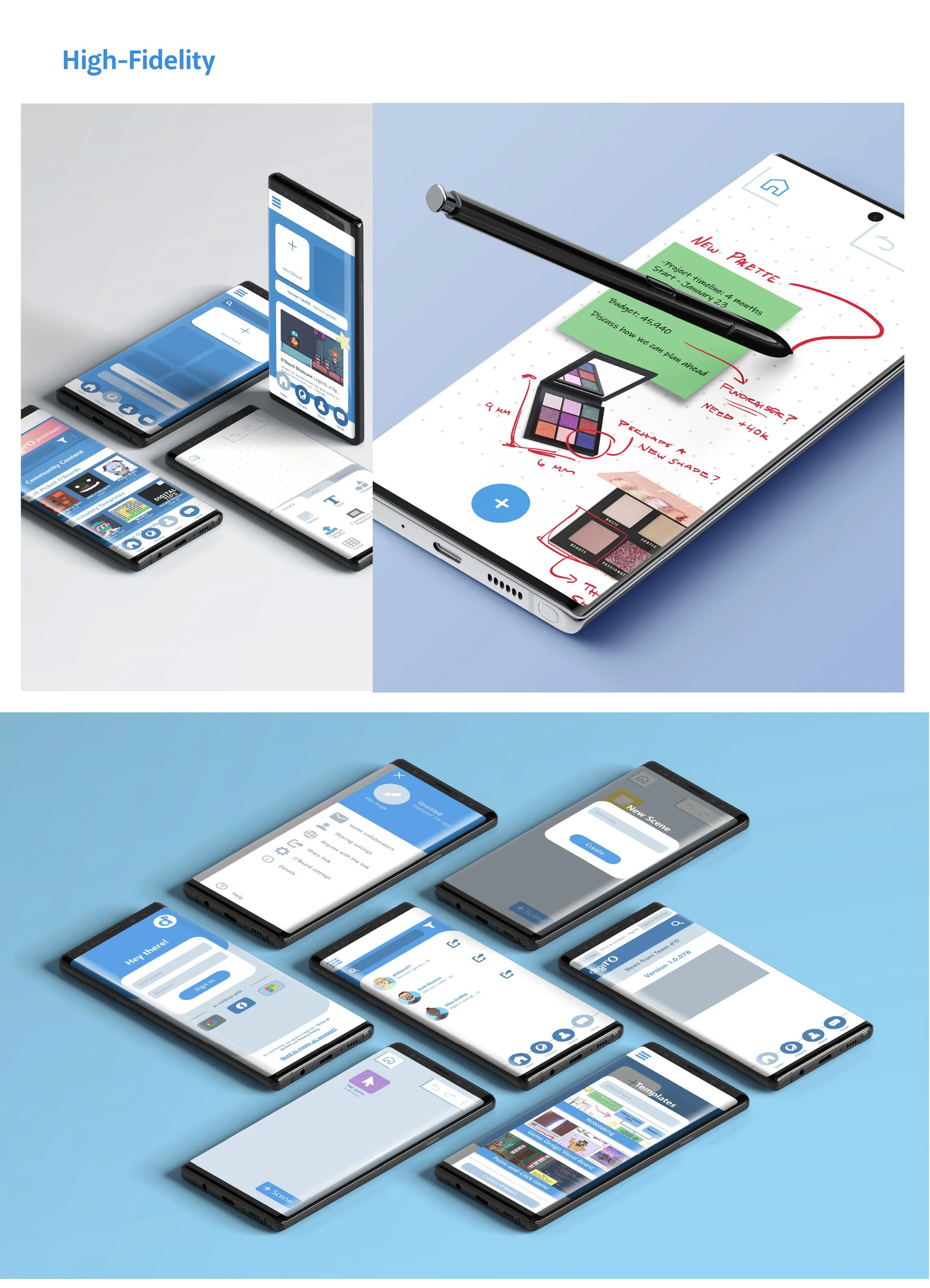 A collage of multiple smartphones showcasing various app interfaces. The top section introduces high-fidelity designs with phones displaying a social media app and a notes app with sketches. The bottom section shows phones with screens of messaging, browsing, and other app interfaces on a light blue background.