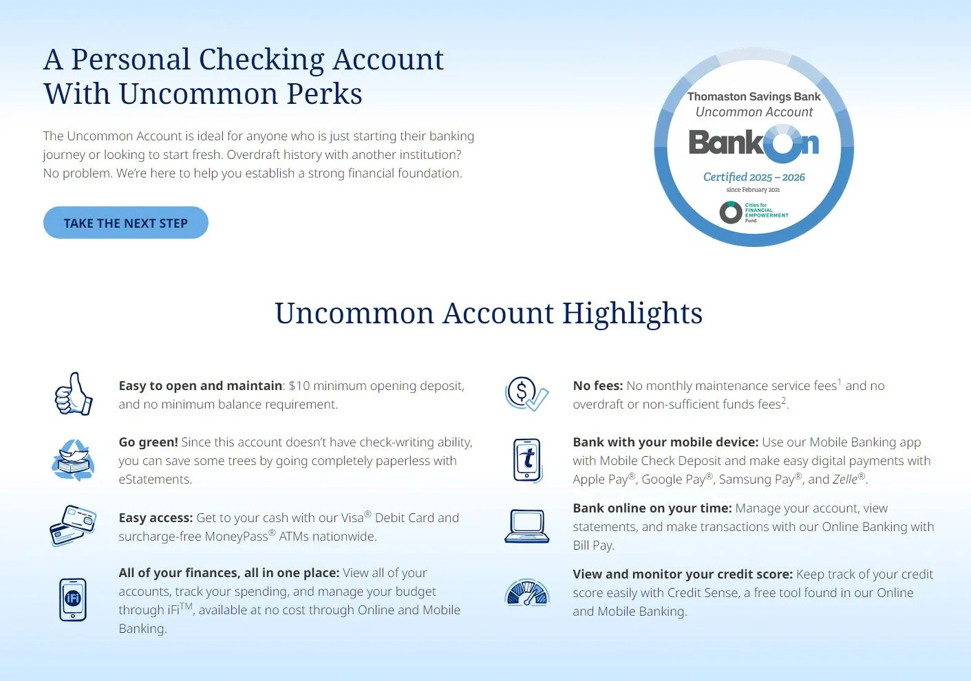 A digital informational poster about a personal checking account with uncommon perks, highlighting features like no fees, easy banking with mobile devices, online management, credit score monitoring, and tools for financial management, along with a button that says 'Take the Next Step'.