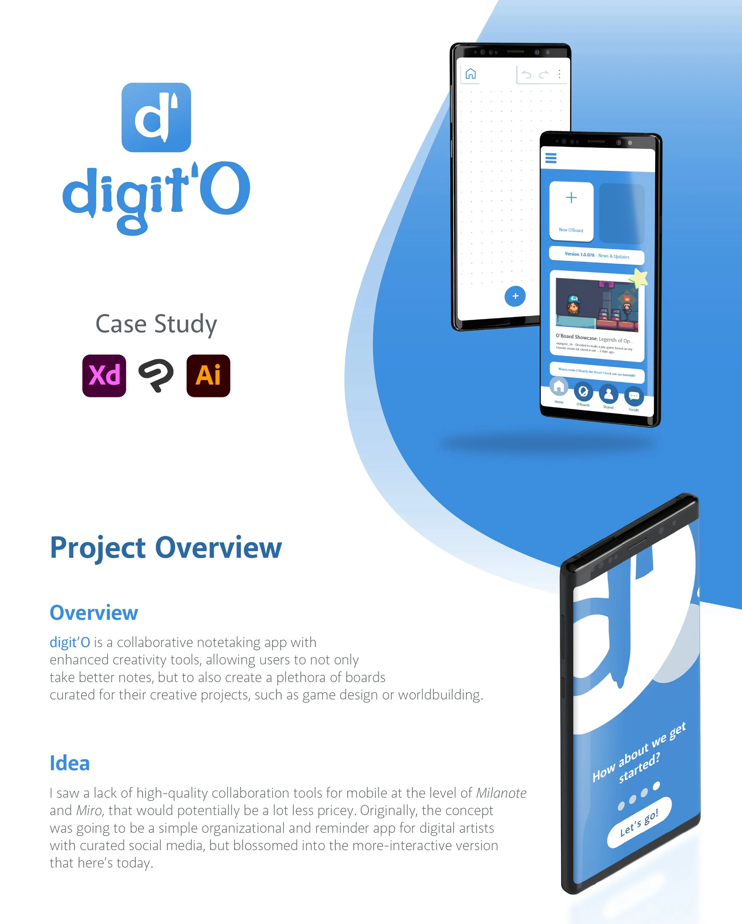 Cover page of a case study for the project 'digitO,' featuring mobile app screens, project overview, and idea description with icons for Adobe XD, Miro, and Adobe Illustrator.