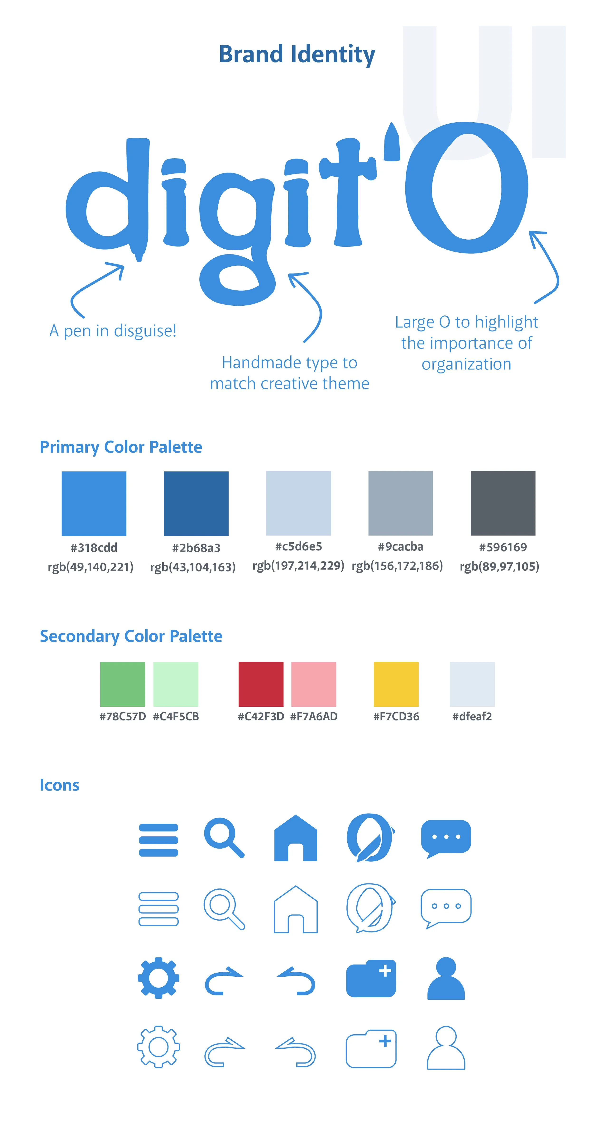 Infographic illustrating brand identity design with the word 'digitO' in blue, featuring a pen disguise and a large 'O' to emphasize organization. Displays primary and secondary color palettes with their respective hex and RGB codes, and icons in blue including menu, magnifying glass, home, pen, chat, settings, refresh, undo, redo, add, and user icons.