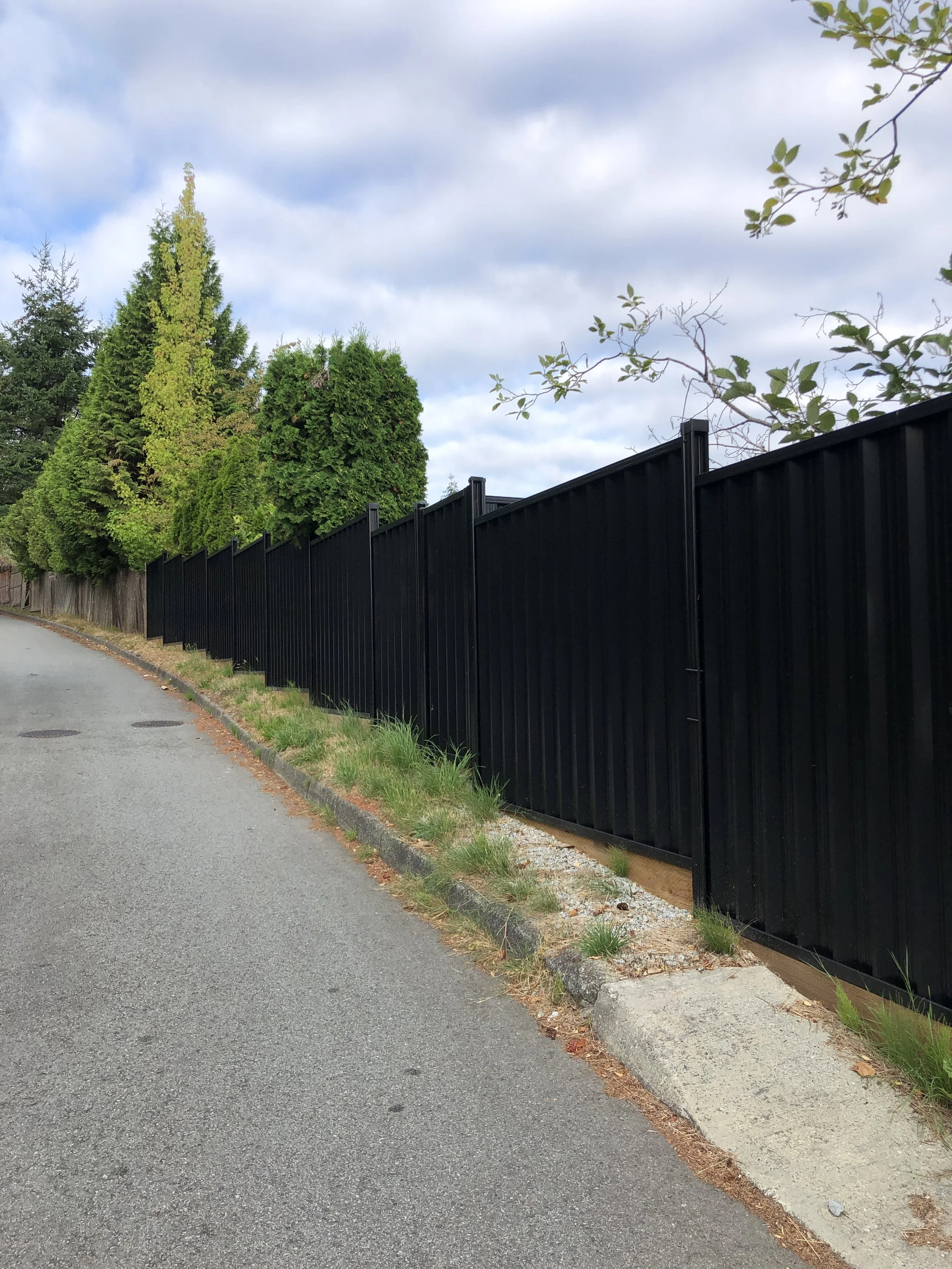 Paved road alongside a black metal fence with evergreen trees and a cloudy sky in the background.