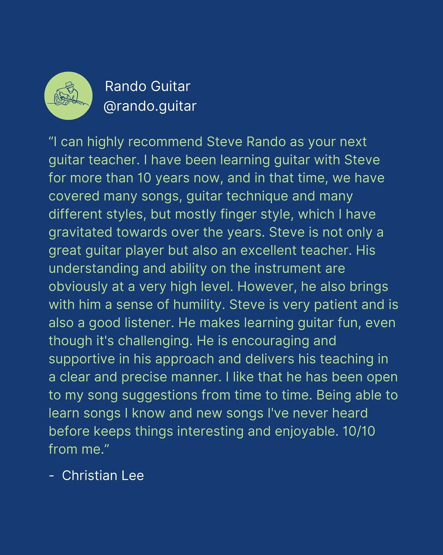 From GUITAR LESSONS to LIVE PERFORMANCES, take the next step with Rando Guitar today! 🎸 

At Rando Guitar, I combine decades of experience as a performer, teacher &amp; lifelong musician to help you connect with the joy of music. Whether you&rsquo;r