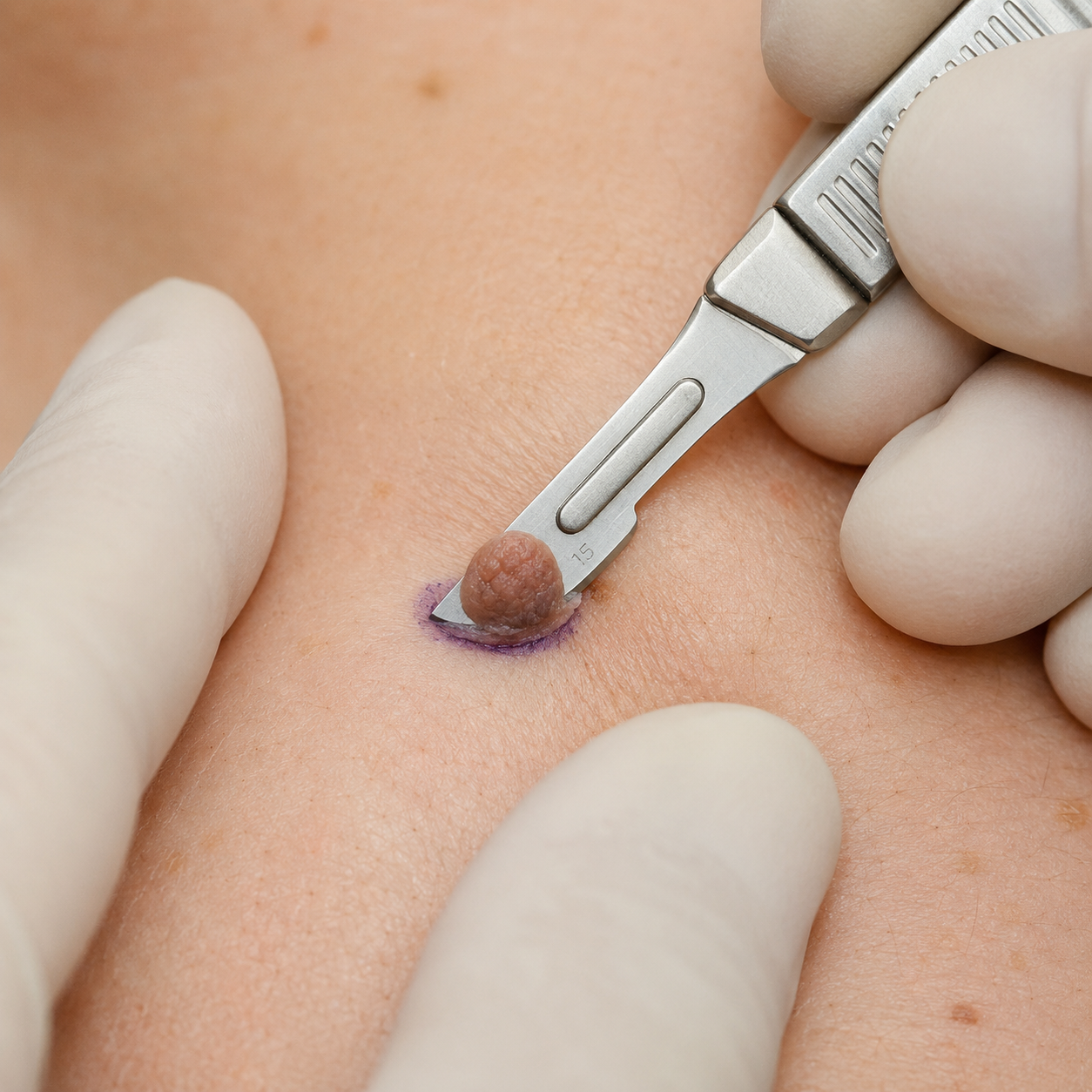 An image showing a dermatologist performing a shave excision procedure to remove a mole from a patient's skin