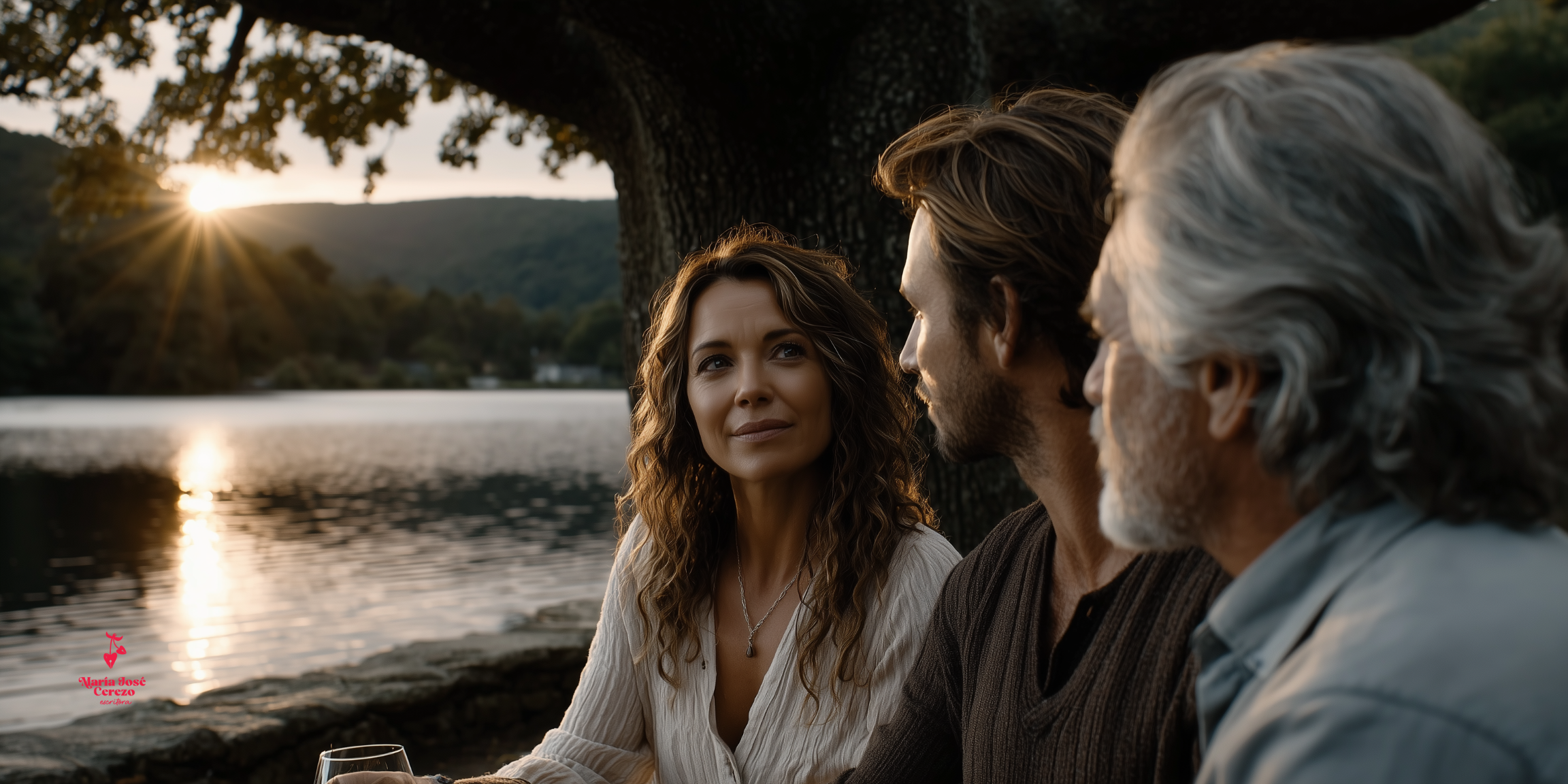 Fotografía hiperrealista al atardecer de tres personas (Matías, Alicia y Lucas) junto a un lago en el Pirineo, reflejando el inicio de la búsqueda del Self y la individuación en el relato de Cerezo Escritora.