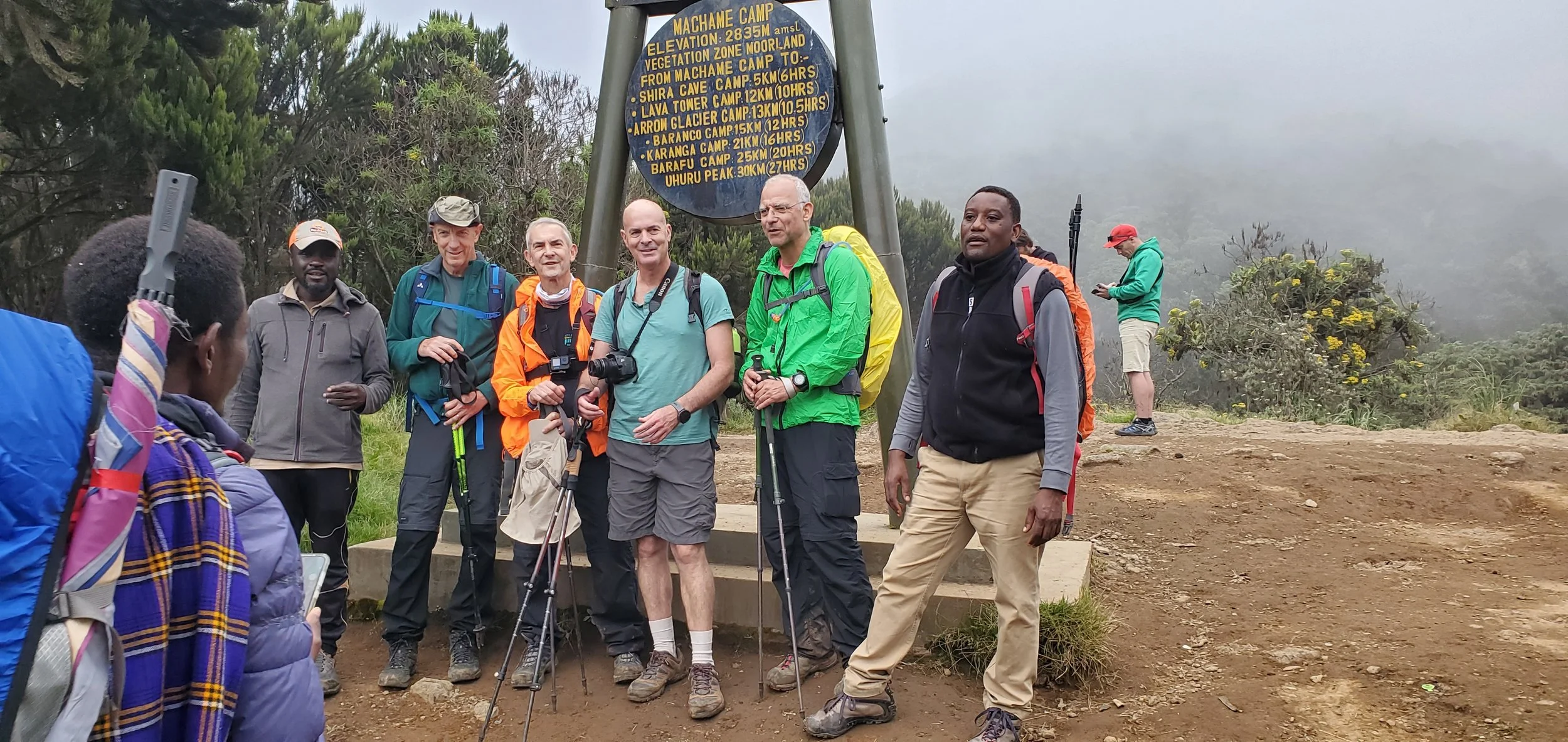 Group of hikers with backpacks and trekking poles standing in front of a sign at Machame Camp, with foggy terrain and trees in the background.