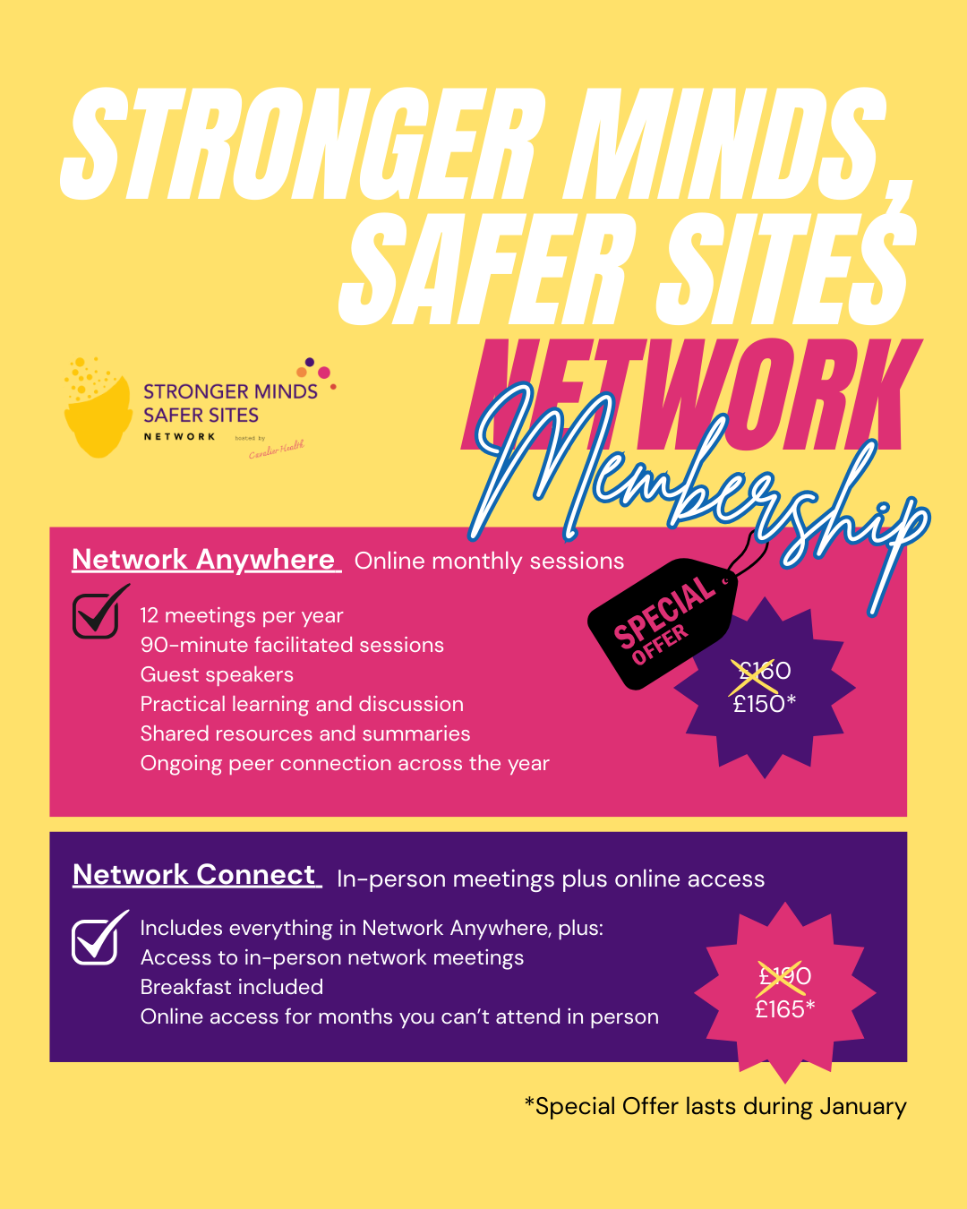 A promotional flyer for the Stronger Minds, Safer Sites Network. It highlights online monthly sessions with 12 meetings per year, guest speakers, and shared resources. It also offers in-person meetings plus online access, including breakfast. Special offers in January are mentioned with discounted prices.