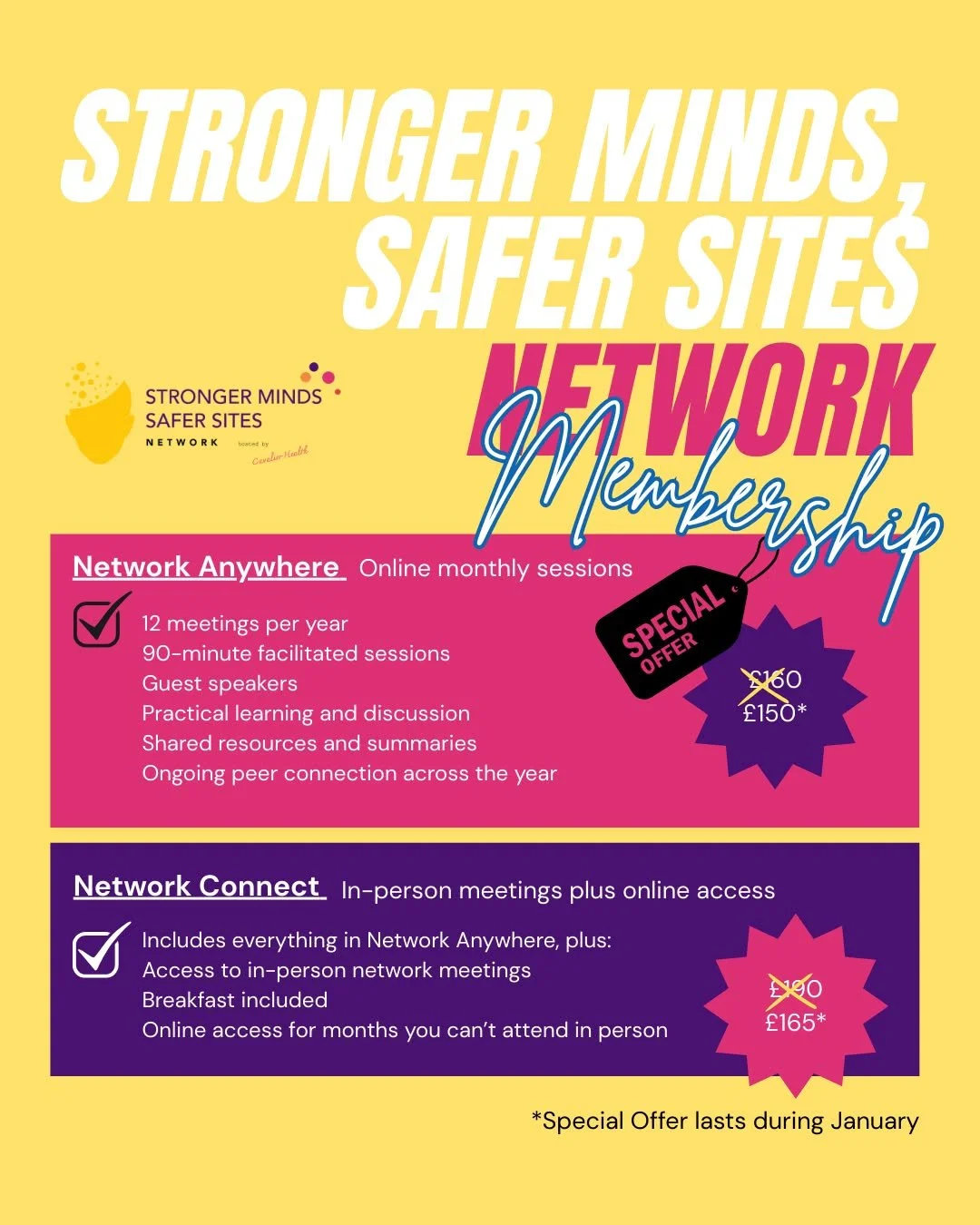 Announcement

Stronger Minds, Safer Sites Network &ndash; now open

I&rsquo;m opening membership for the Stronger Minds, Safer Sites Network this January.

This is a monthly network for people who support others at work, particularly in construction 