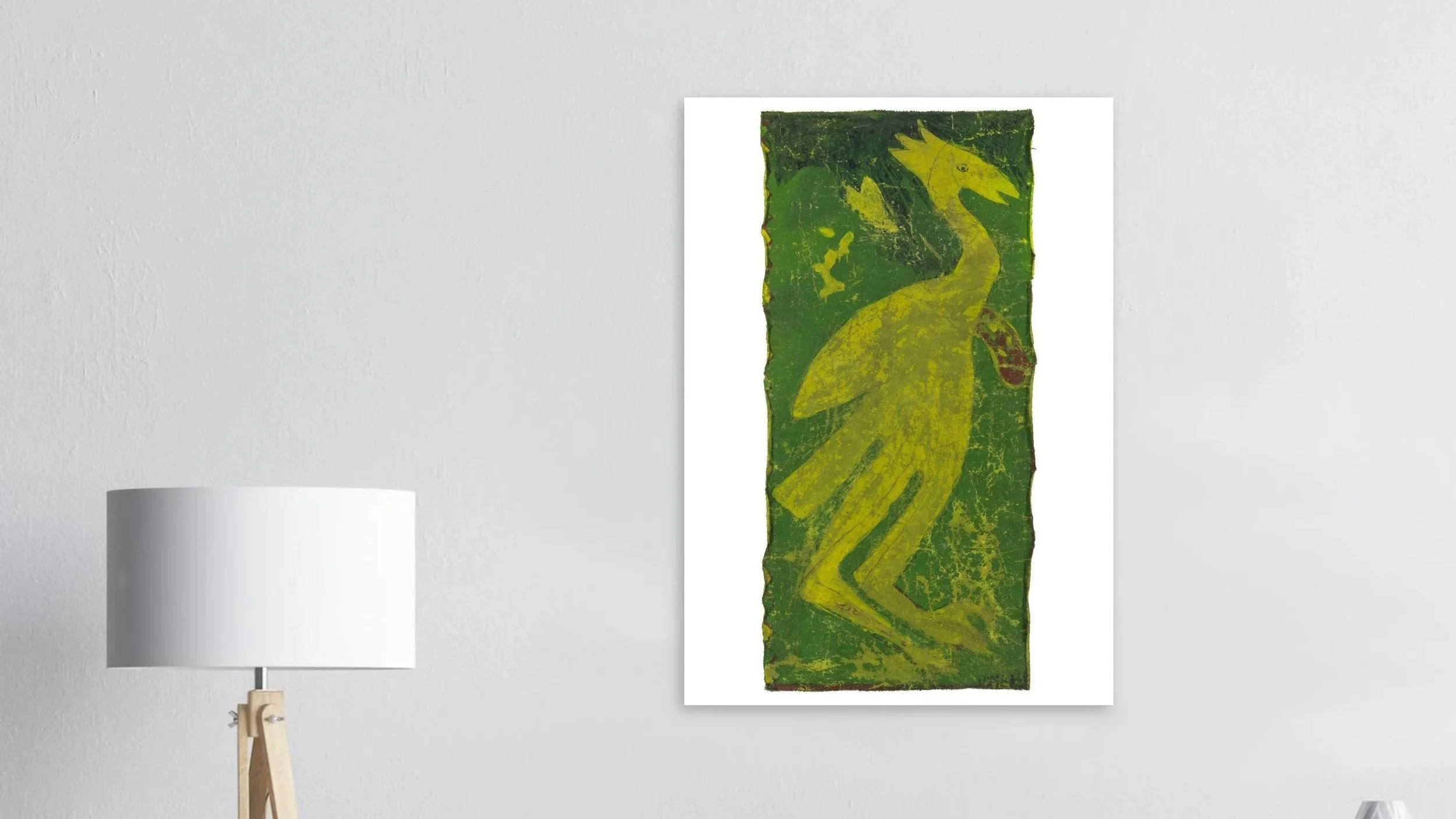 A stylized yellow bird-like spirit figure painted on a textured green background. The figure has an elongated neck, pointed crest, long limbs, and a single wing. The artwork has a weathered, cracked surface, giving it an aged, mystical appearance.