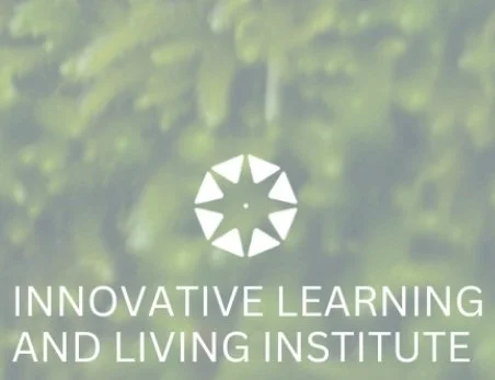 Logo with a circular pattern of white arrows above the text 'Innovative Learning and Living Institute' on a green, blurry background.