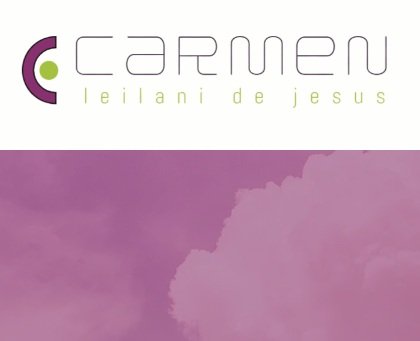 A magenta/pink c-shaped logo design, with the name Carmen Leilani de Jesus shown in olive green square-ish text over white background, with a a gradient of magenta/purple clouds in the lower half of the image. 