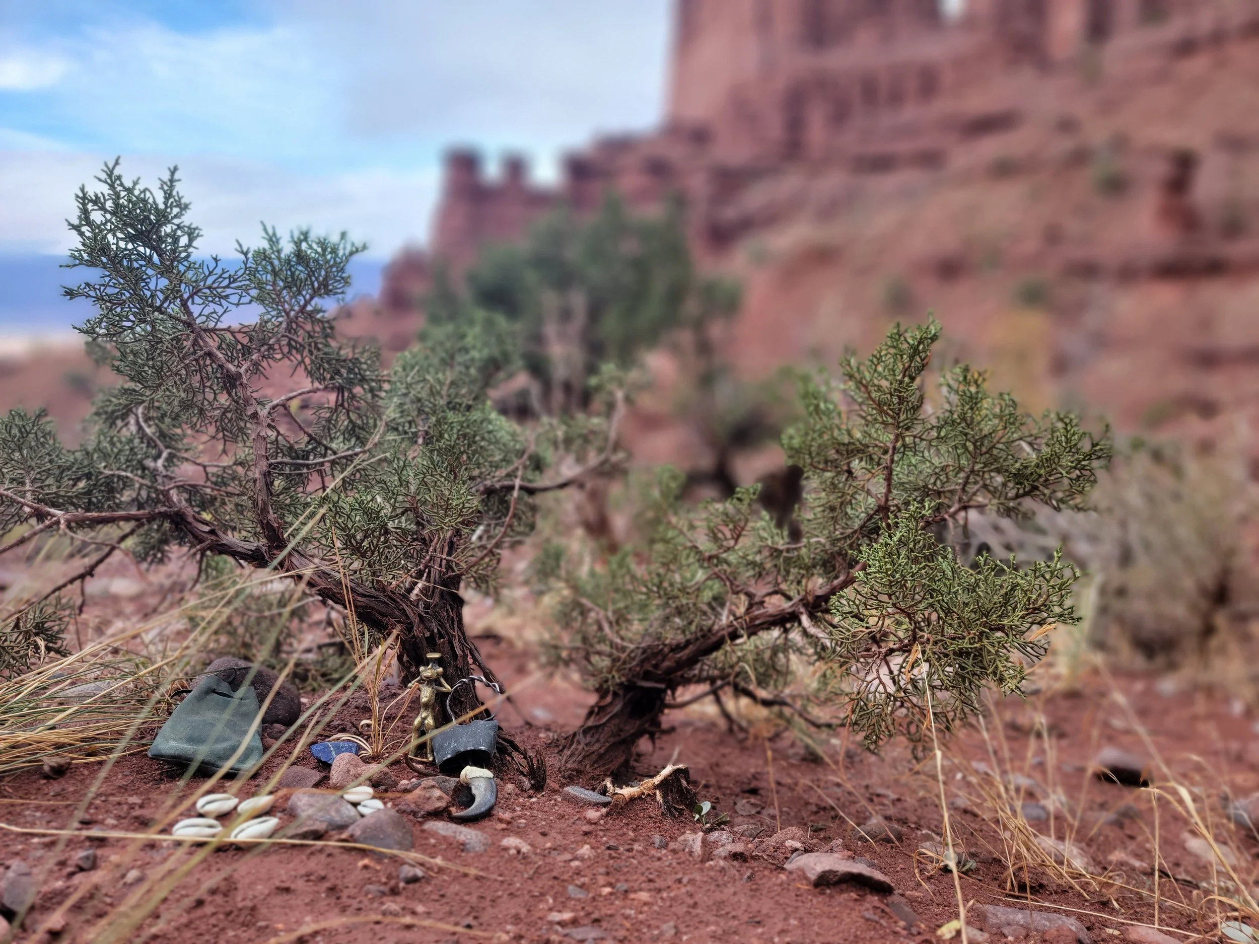 A small bronze figurine, African traditional bell, cowry shells and stones are arranged near a bonsai sized pine tree, with a red rock desert blurred background with a blue sky with light clouds in upper left corner.