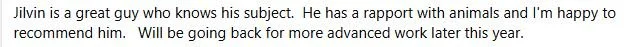 Text mentioning that Jilvin is knowledgeable about animals and will return for more advanced work later this year.