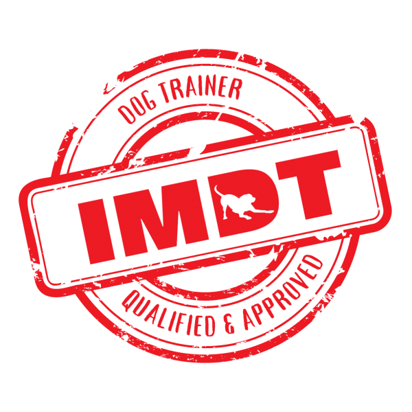 IMDT certification badge for dog trainer with red stamp design.