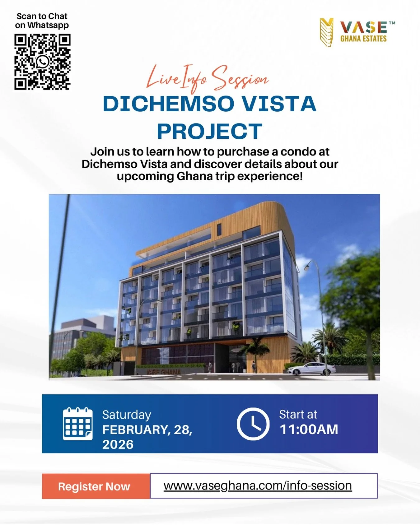 Don&rsquo;t miss out! 

Discover the opportunity to visit Ghana alongside like-minded individuals and/or secure your own condominium at Dichemso Vista &ndash; Gold Corridor, VASE Gateway Ghana&rsquo;s flagship development in Kumasi.

Explore. Invest.