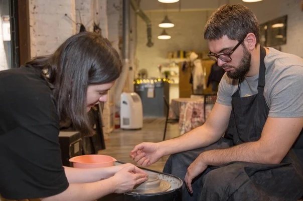 Pottery studio Deep Ellum cozy corner with clay tools and materials
  