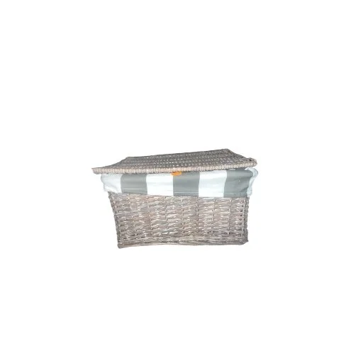 CASSAPANCA IN VIMINI CHIARO CON FODERA IN TESSUTO A RIGHE BIANCO-GRIGIO