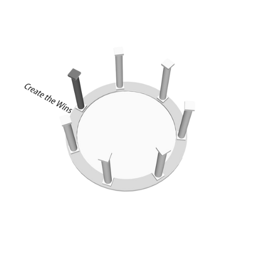 A 3D diagram of a circular base with six vertical white columns, some with gray tops, arranged around the perimeter, with an arrow indicating clockwise movement.