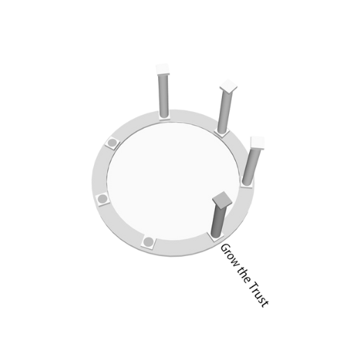 A circular electronic component with five vertical prongs attached, used for electrical connections or circuit mounting.