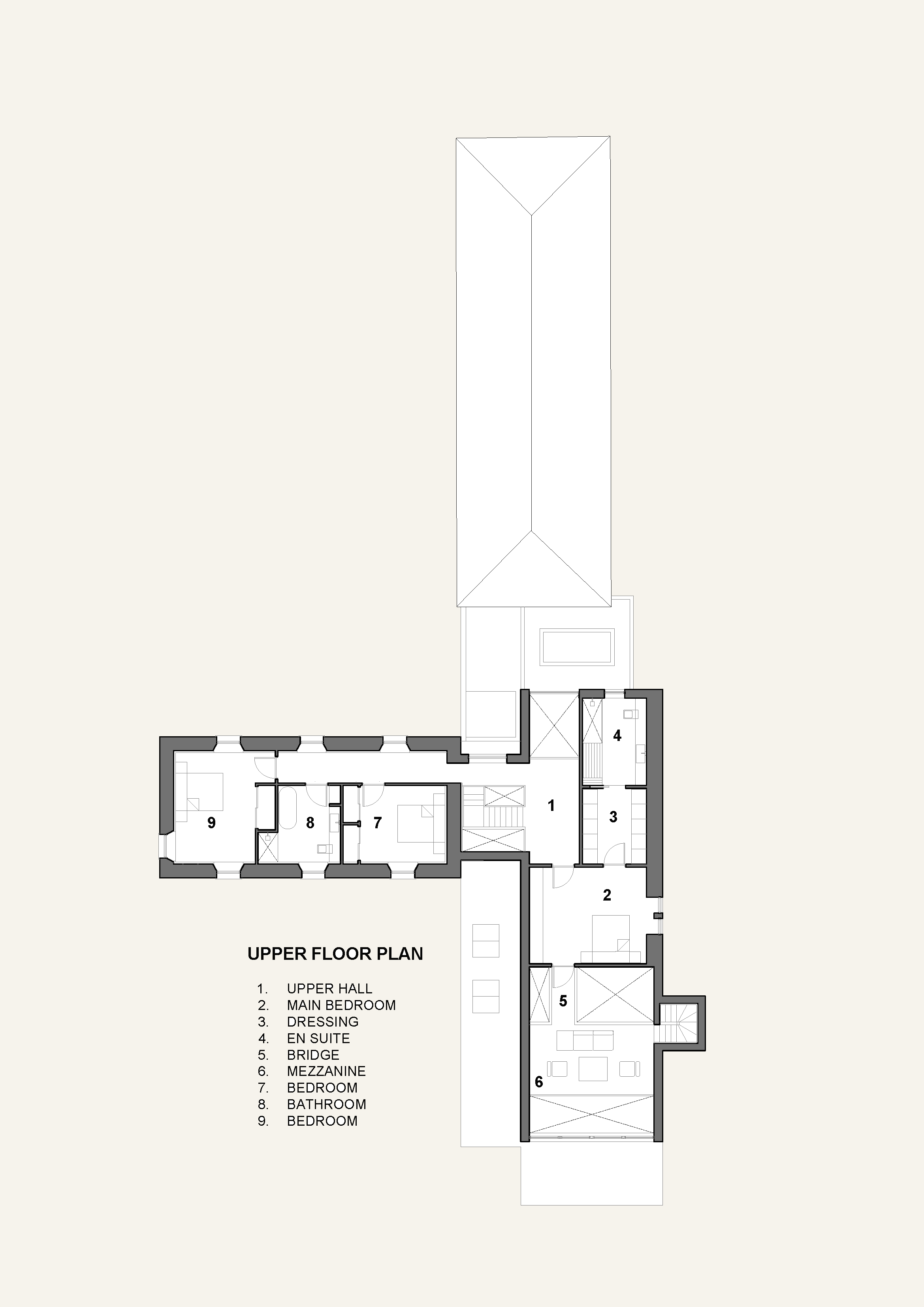 Floor plan of upper level of a house with rooms numbered and labeled, including bedrooms, bathrooms, hall, dressing area, en suite, bridge, and mezzanine.