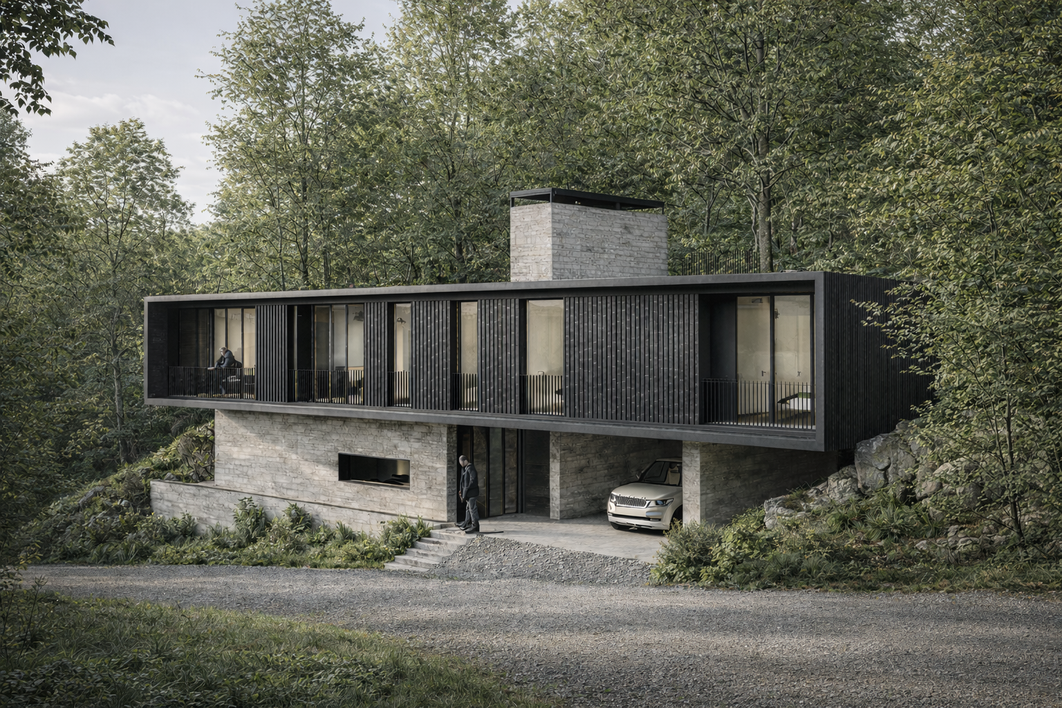 Modern house with black exterior, large glass windows, balcony, and carport, surrounded by trees and greenery.