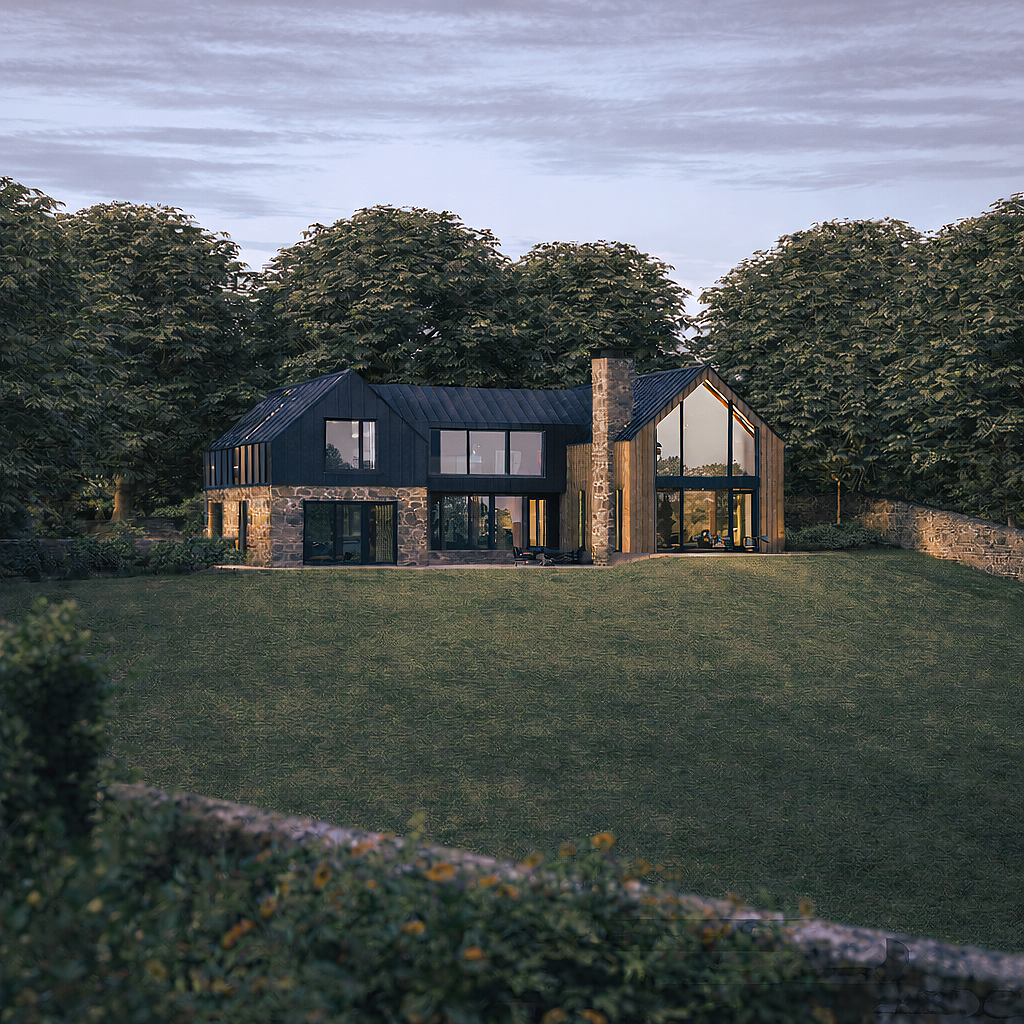 A modern house with a combination of dark metal and stone exterior, featuring large windows, surrounded by greenery, with a grassy hill in the foreground and trees in the background.