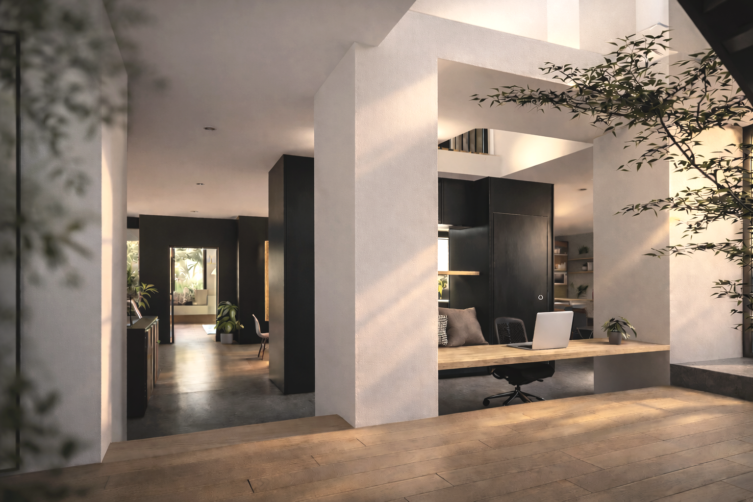 Modern office space with a wooden desk, a laptop, and indoor plants, open floor plan with black and white walls, and natural light.