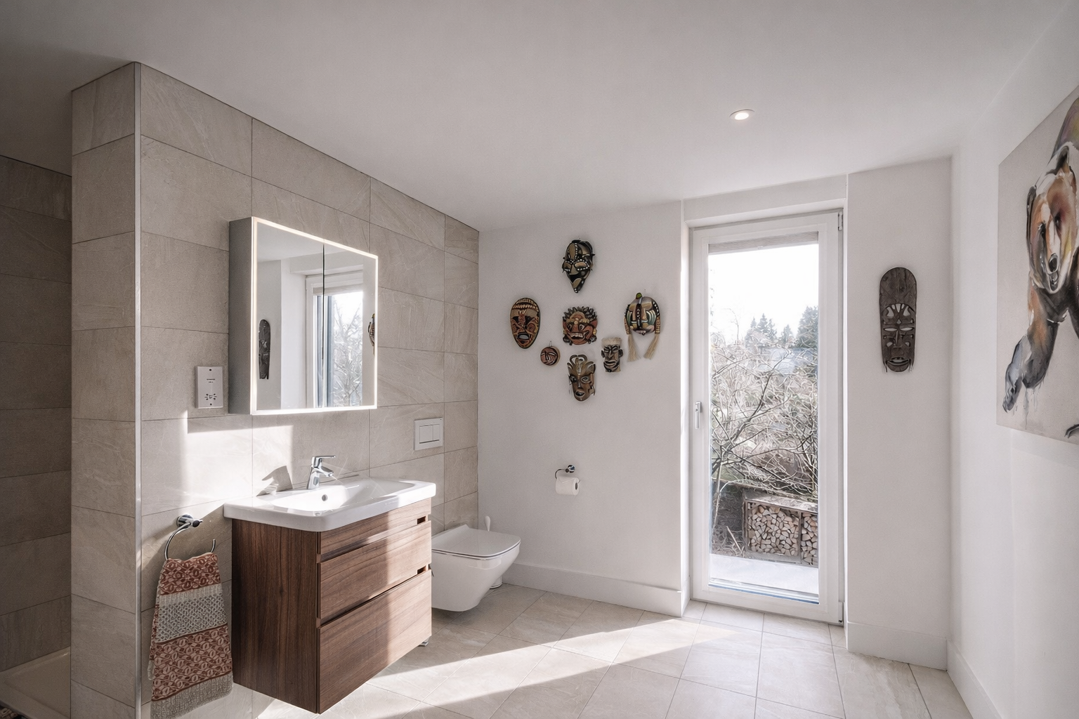 Modern bathroom with a wooden vanity, wall mirror, toilet, decorative masks on walls, and a glass door leading to a balcony with trees outside.