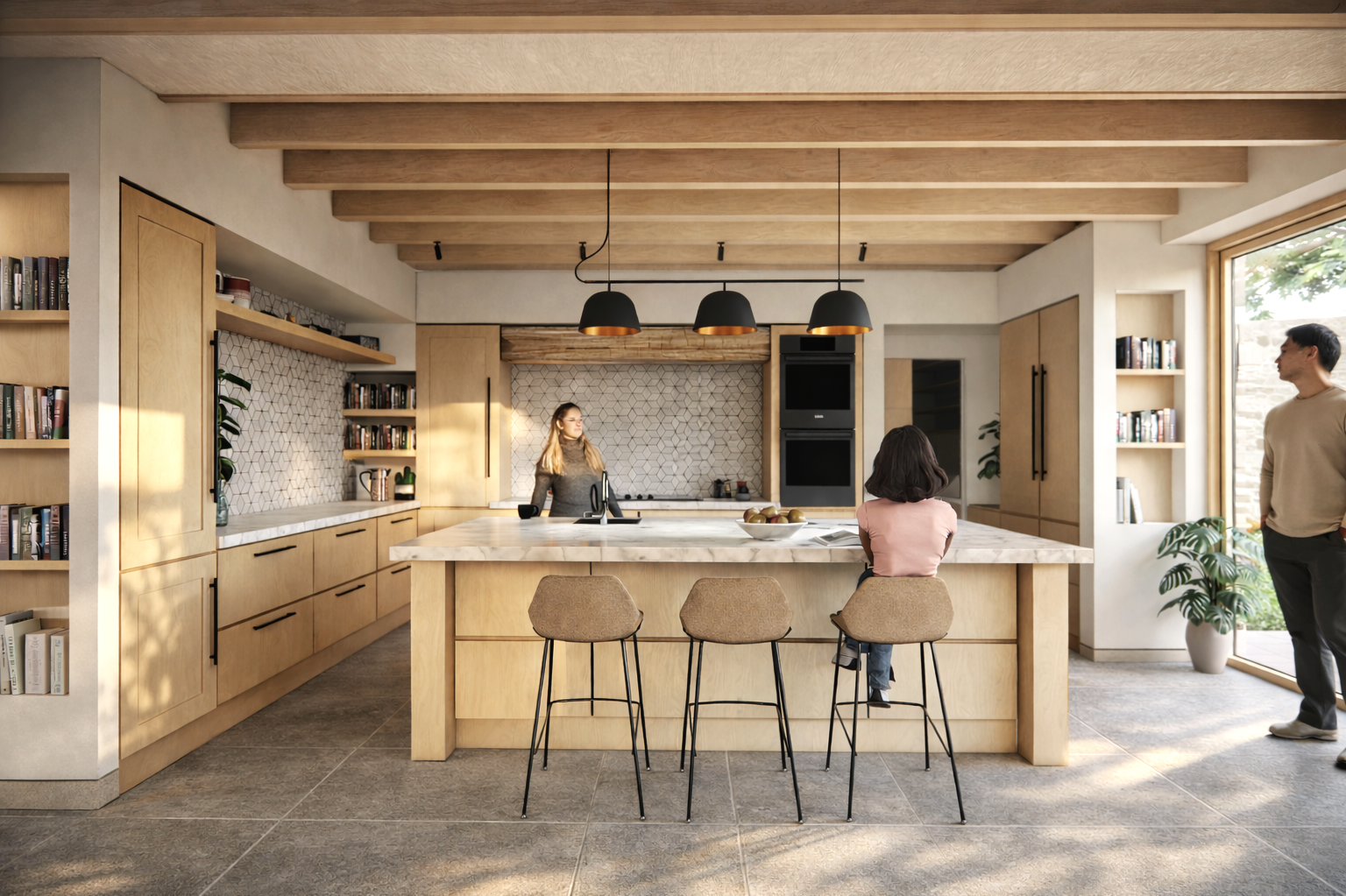 Modern kitchen with light wood cabinets, marble island with three barstools, pendant lighting, bookshelf on the left, and large window with person standing near the window