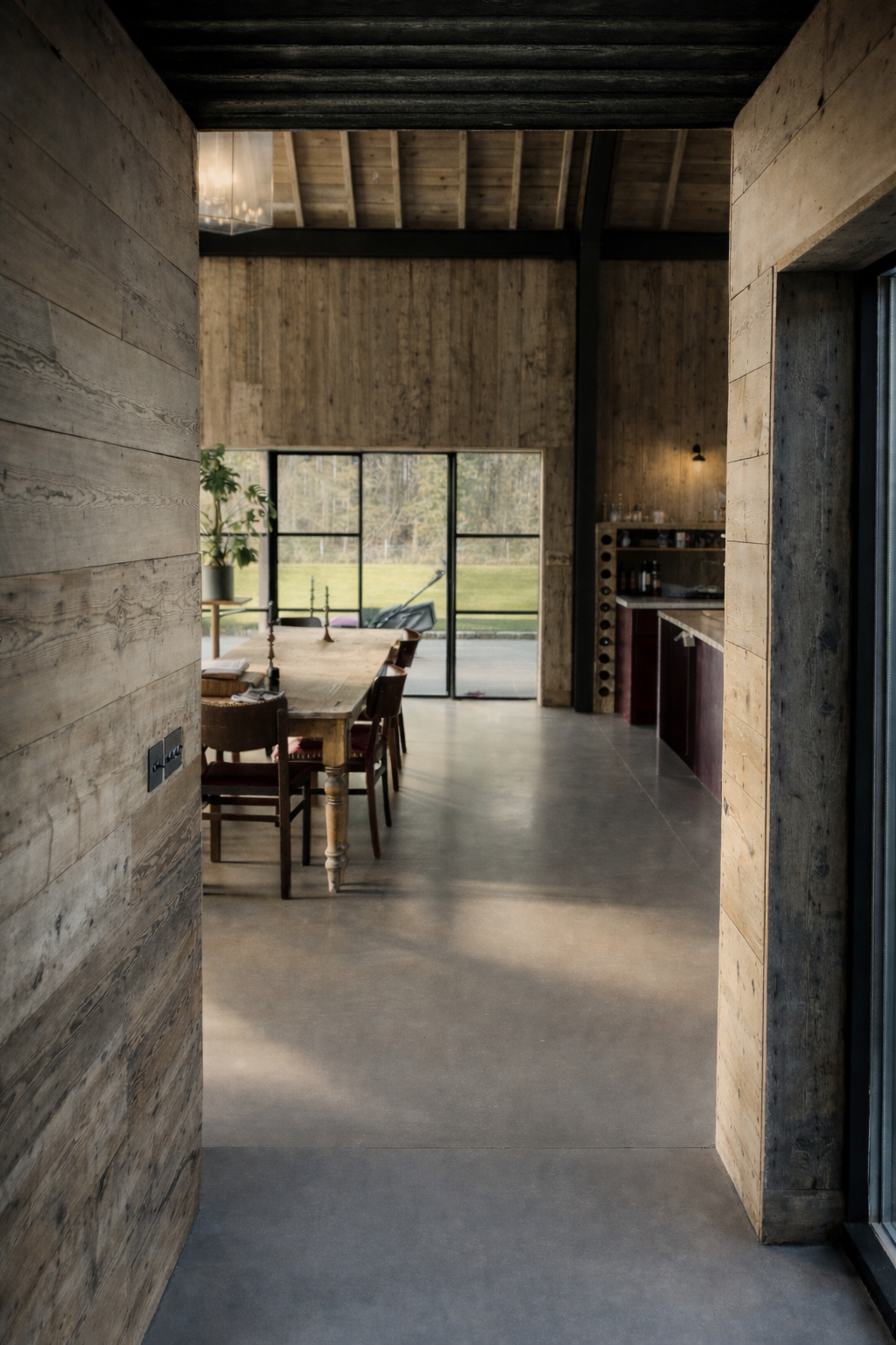View through a rustic wooden doorway showing a dining area with a wooden table and chairs, a sliding glass door, and an outdoor landscape with grass and trees.