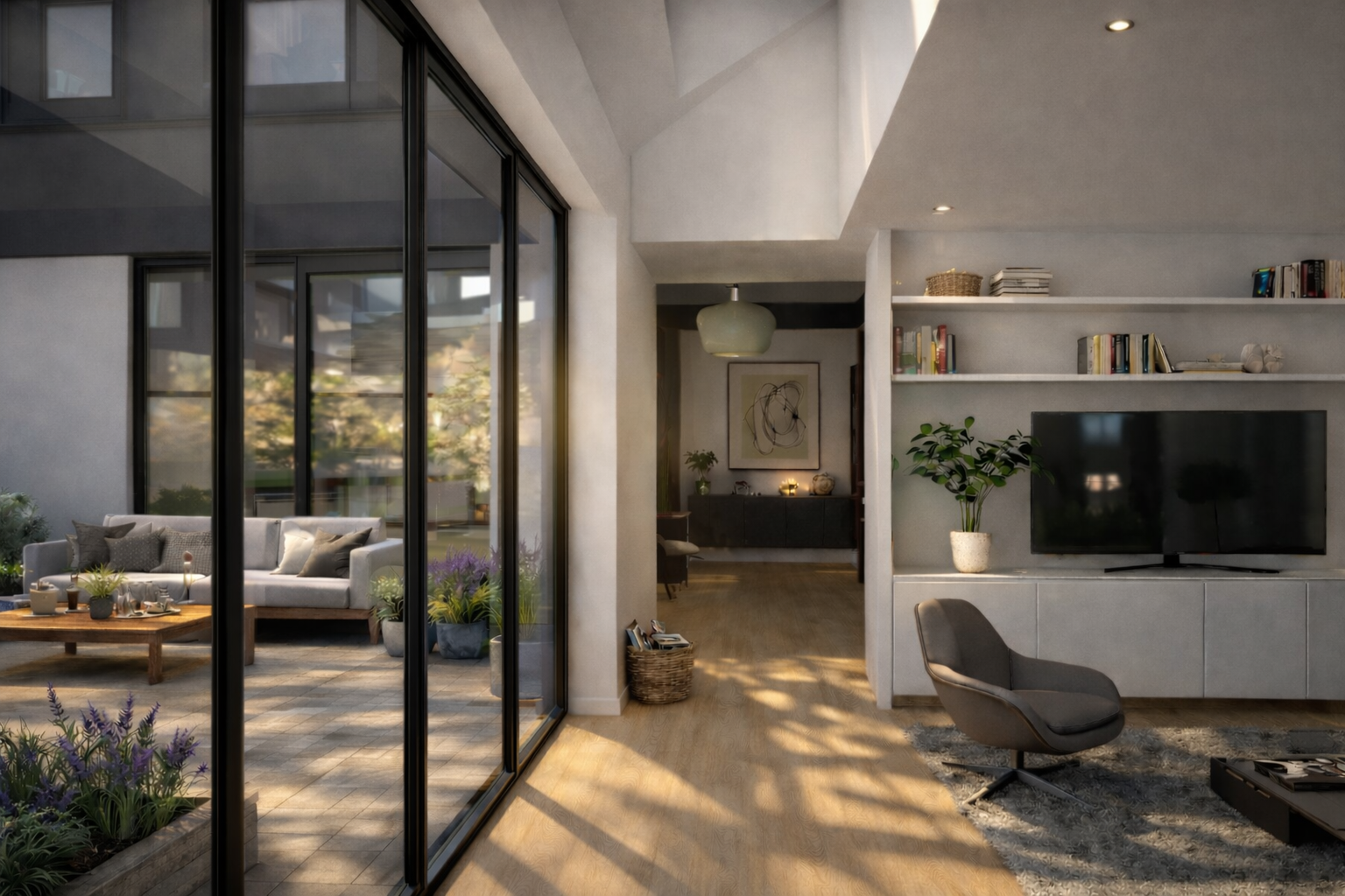 Modern living room with large glass sliding doors, a gray armchair, a television, bookshelves, and plants, with sunlight casting shadows on the wooden floor.