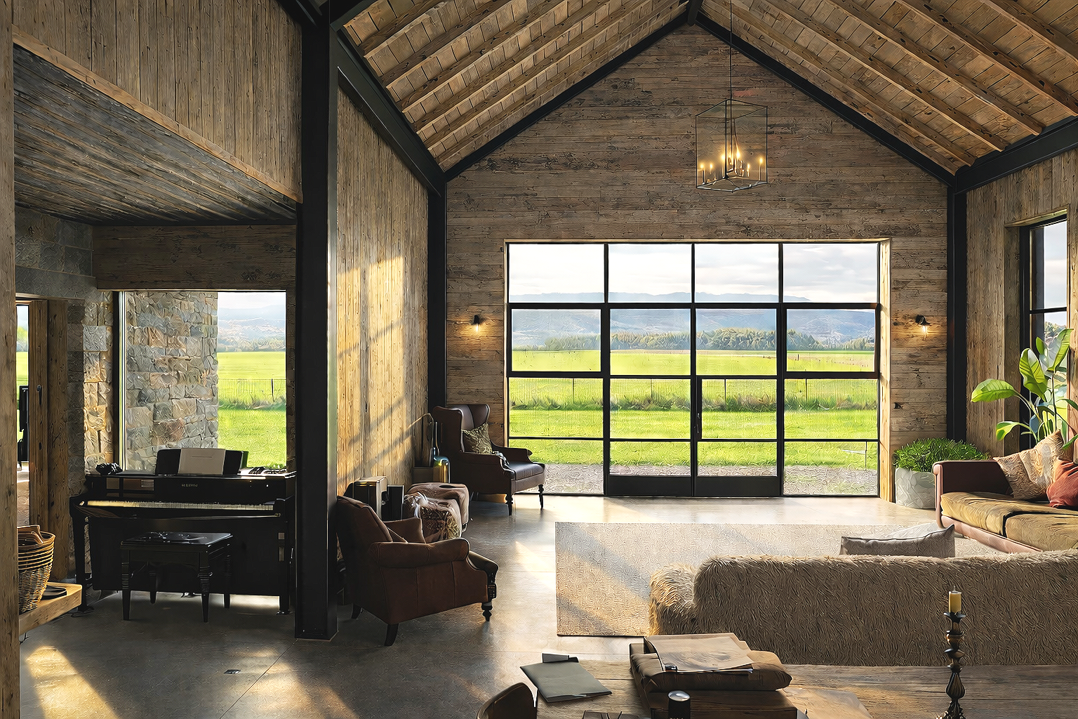 Living room with large windows showing green fields and mountains, wooden walls and ceiling, various chairs, a sofa, a piano, plants, and a chandelier.