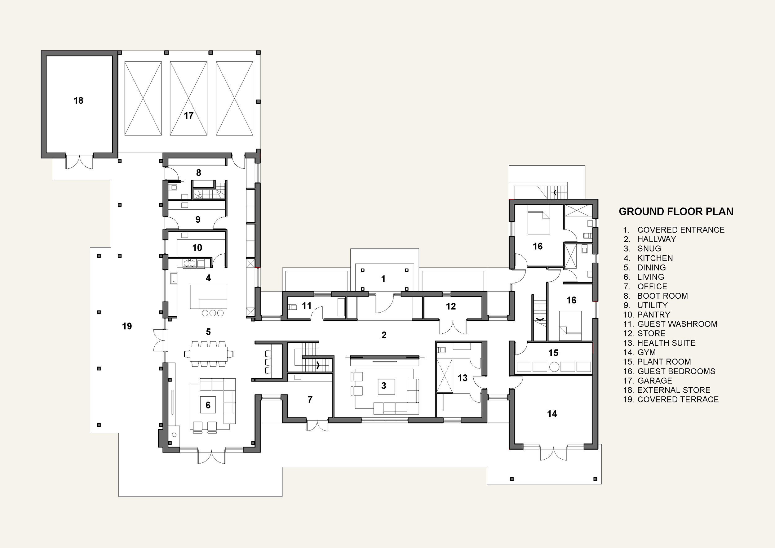 Floor plan of a house with labeled rooms including a kitchen, dining area, living room, office, guest bedrooms, garage, and outdoor covered terrace.
