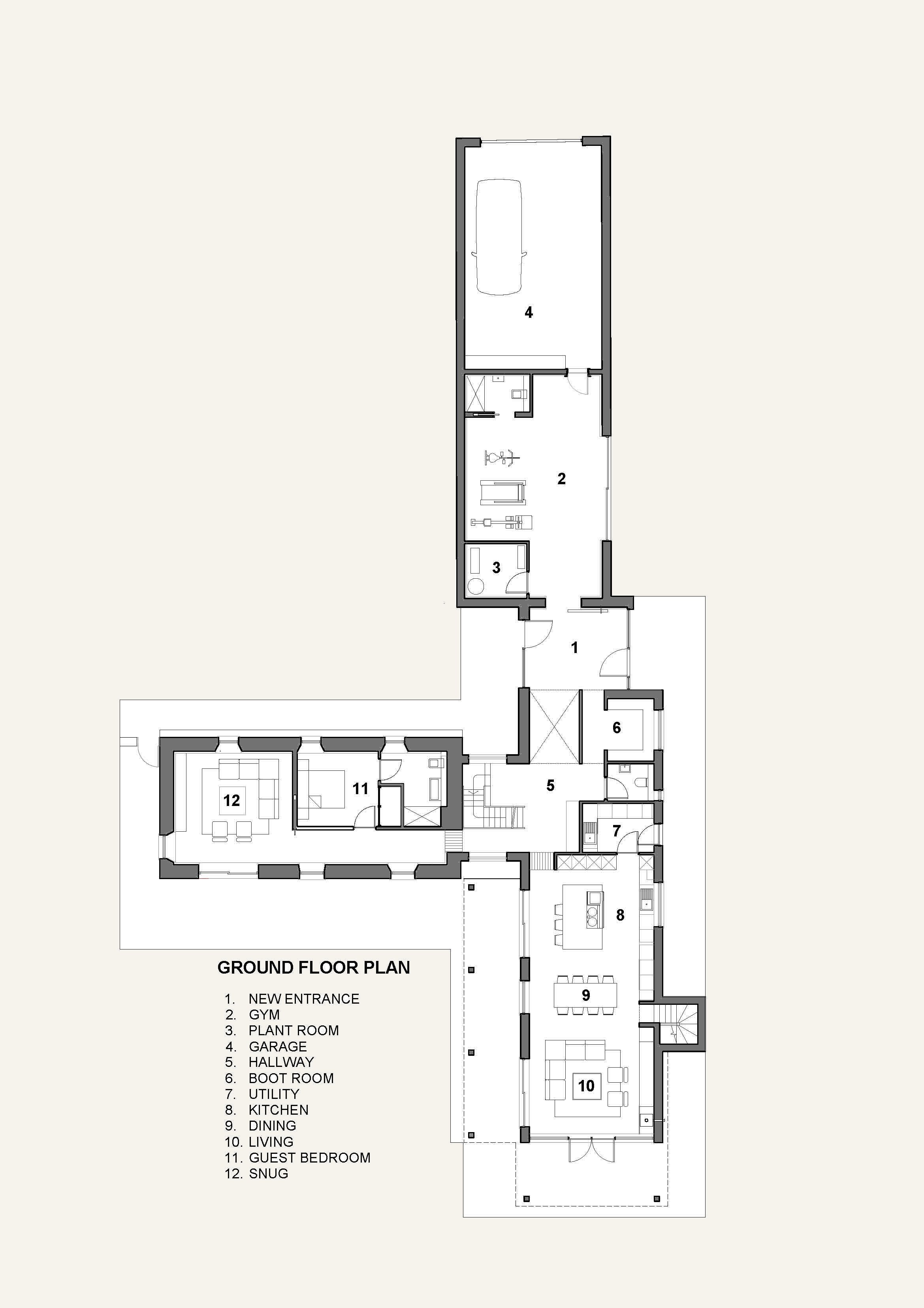 Ground floor plan of a house with labeled rooms including an entrance, gym, plant room, garage, hallway, boot room, utility room, kitchen, dining room, living room, guest bedroom, and snugg. The layout shows the arrangement of each space and connecting passages.
