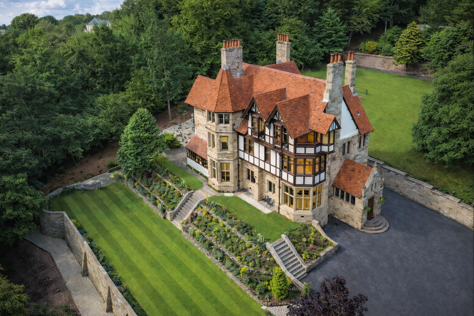 A large historic mansion with a red-tiled roof, stone walls, and multiple chimneys, surrounded by a landscaped garden and lush green trees.