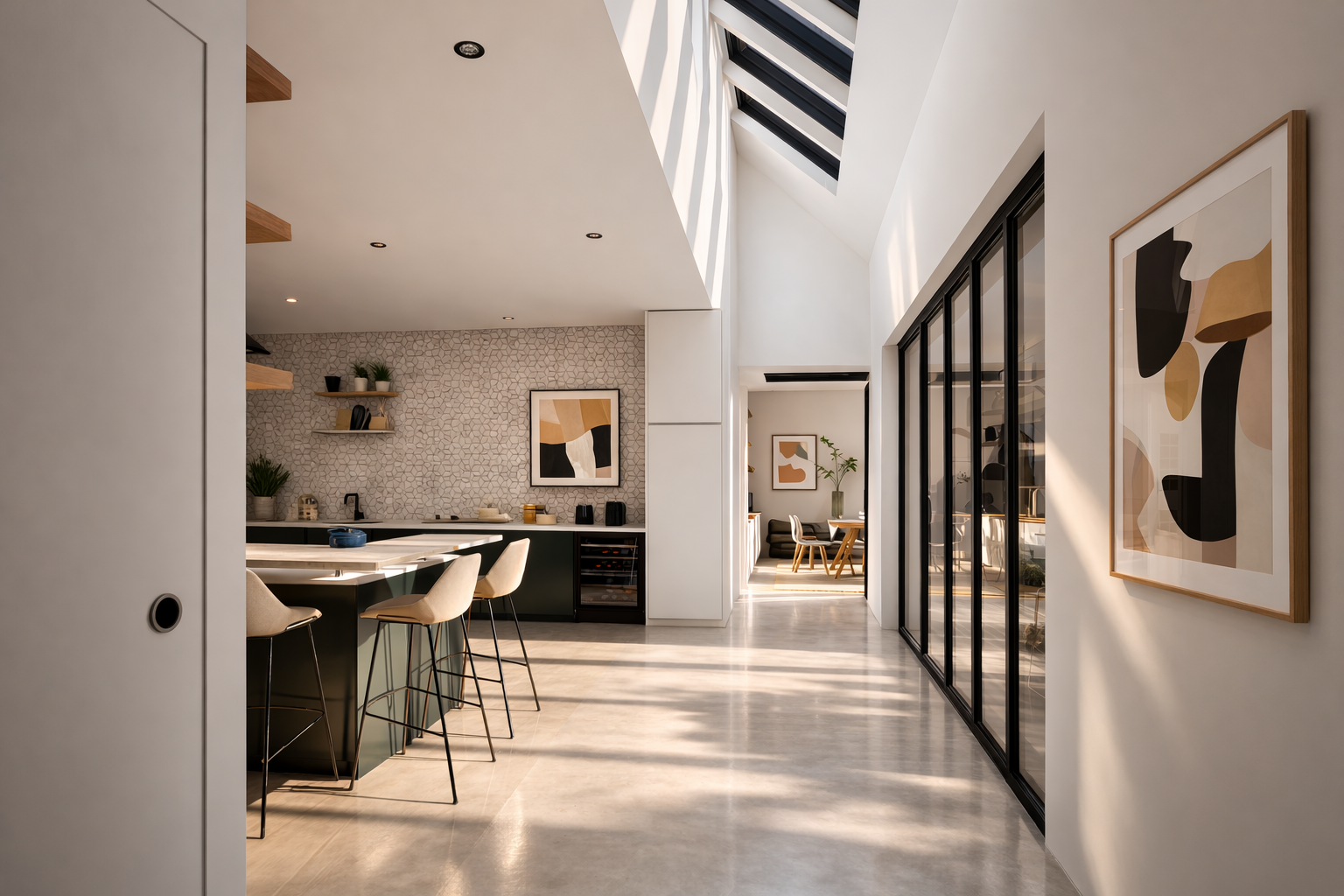 Modern open-concept kitchen and dining area with skylights, abstract art, and sliding glass doors.