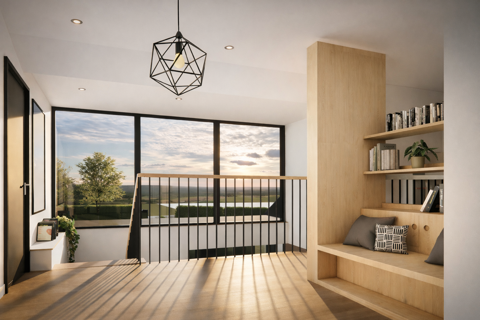Modern interior space with large glass windows showing a sunset over a landscape, featuring a wooden bench with cushions, built-in bookshelves with books and a decorative plant, a geometric ceiling light, and a staircase with a black railing.